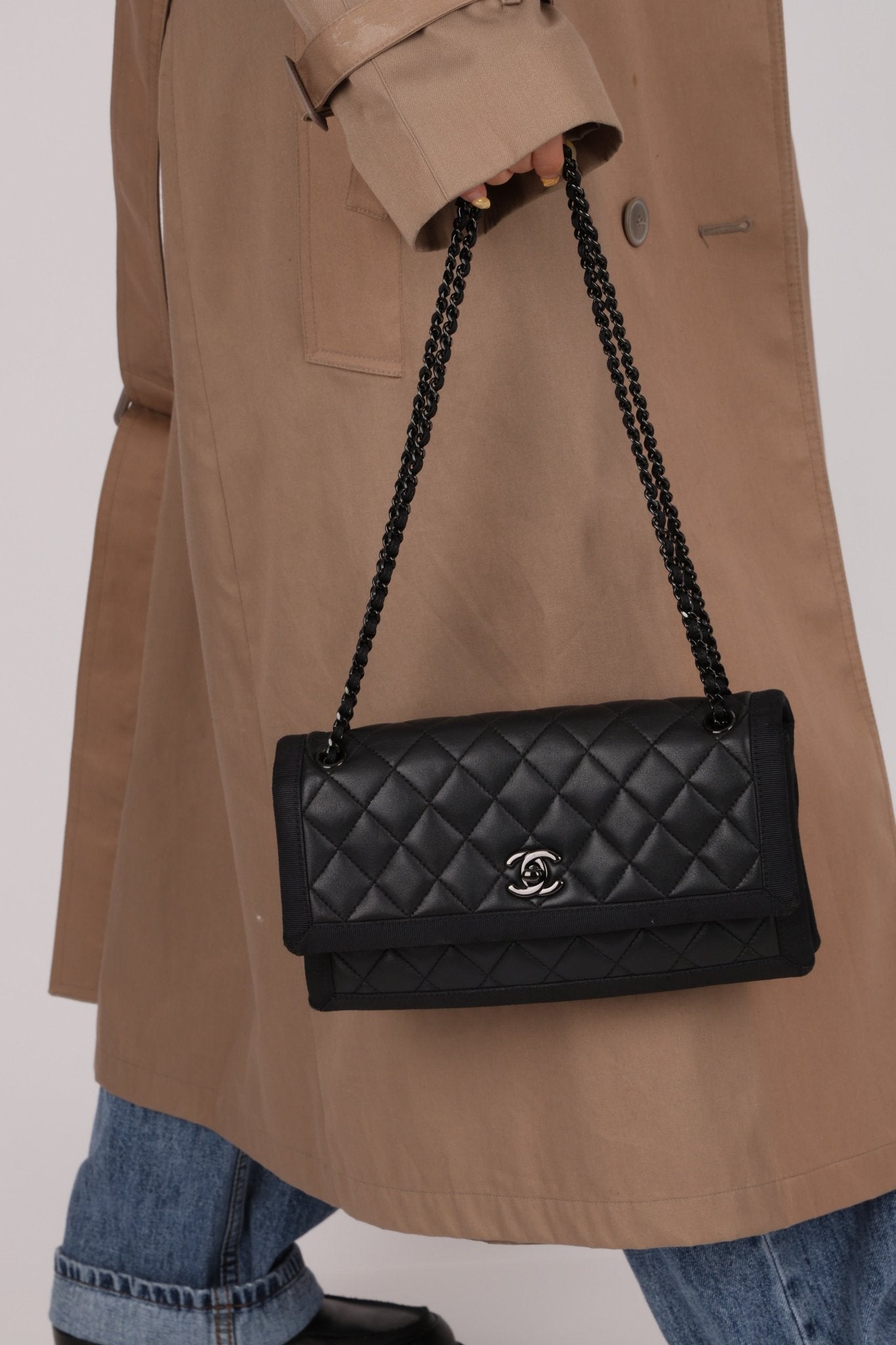 Chanel 2015 So Black Grograin Border Flap Bag - FashioNica