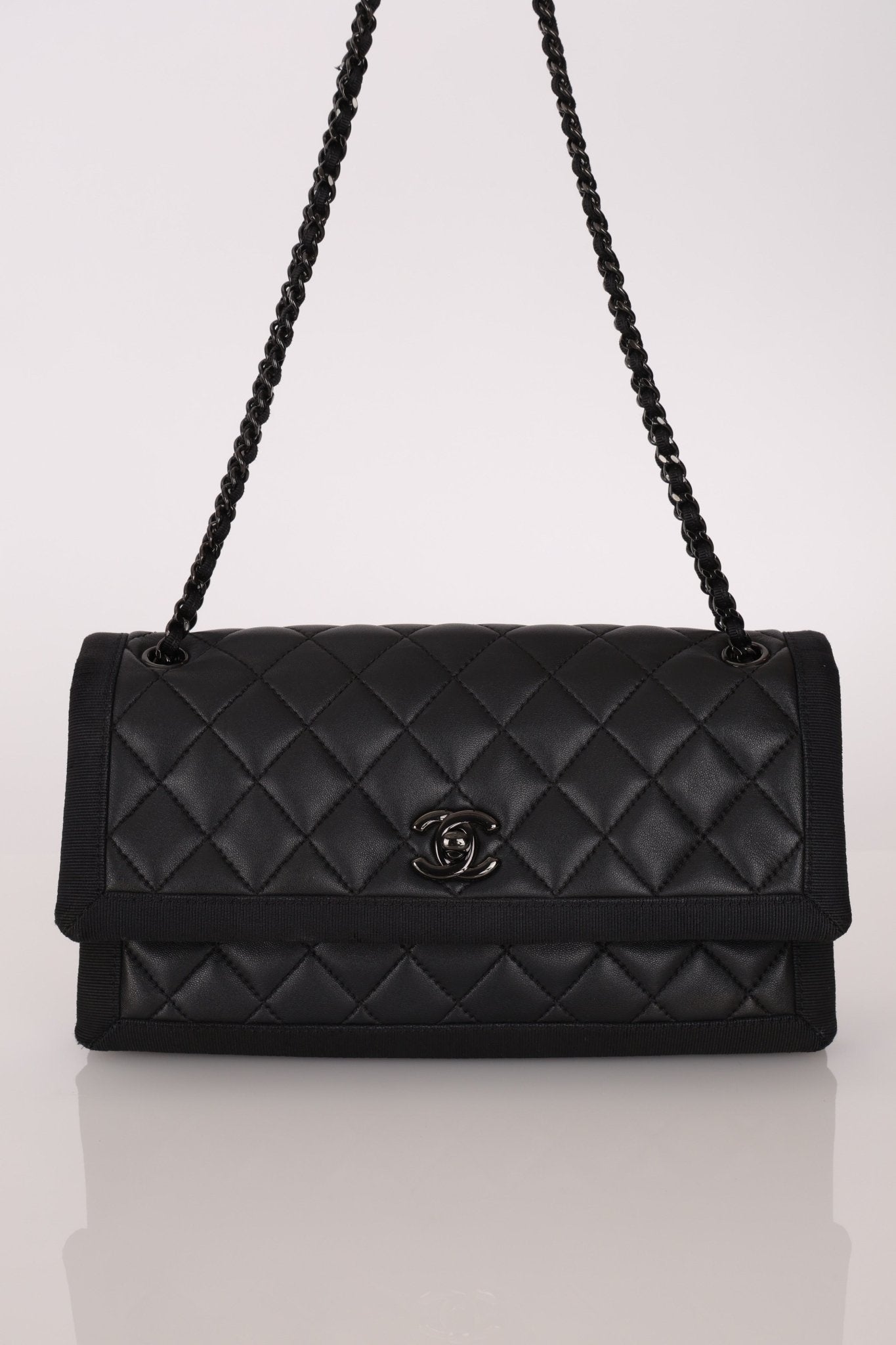 Chanel 2015 So Black Grograin Border Flap Bag - FashioNica