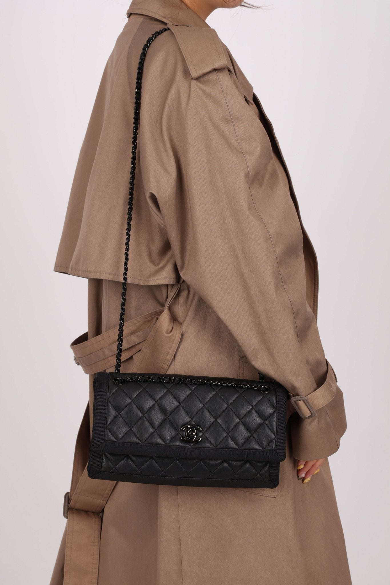 Chanel 2015 So Black Grograin Border Flap Bag - FashioNica