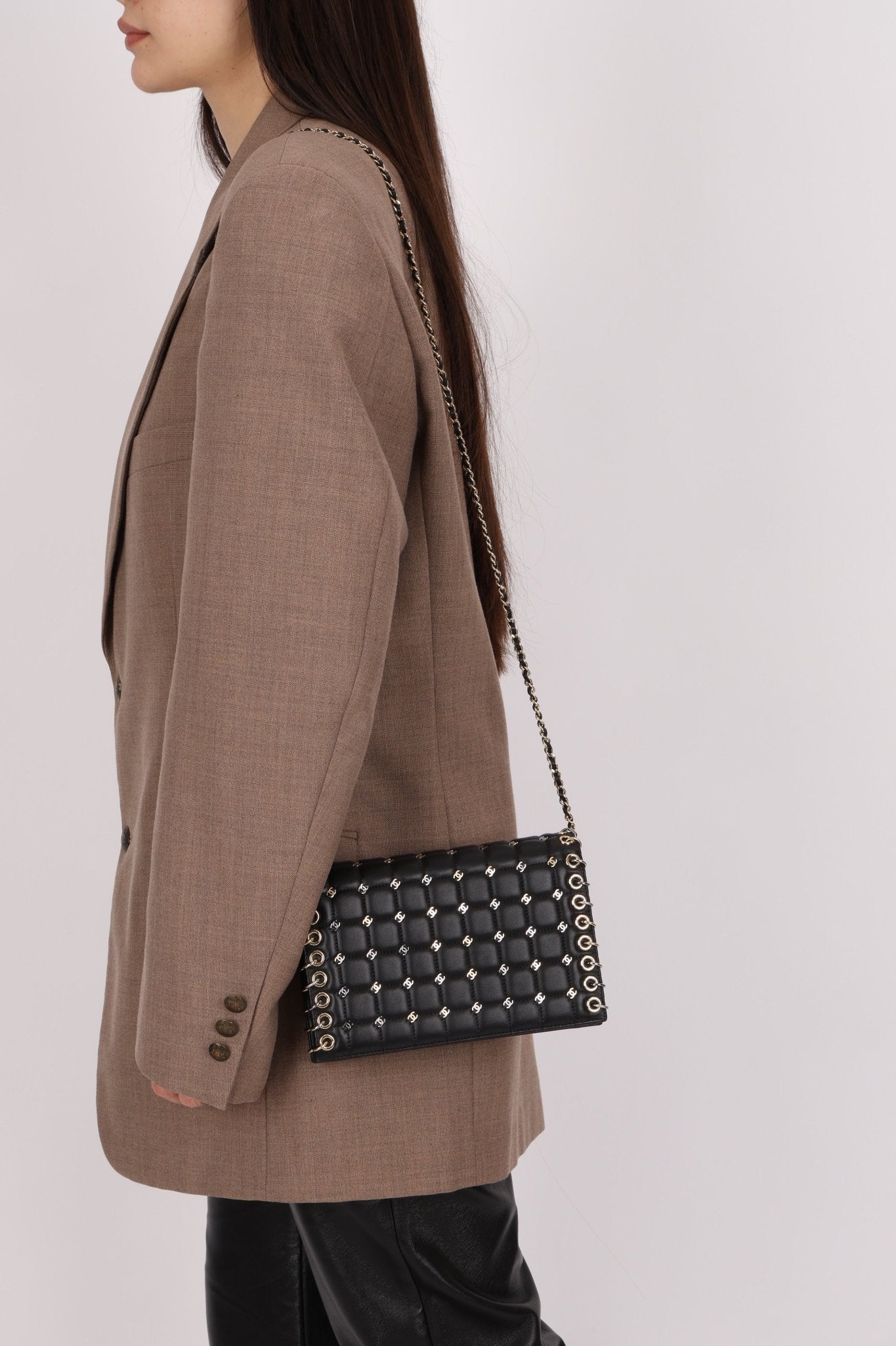 Chanel 2016 Chocolate Bar Piercing CC Studded Small Chain Flap Bag - FashioNica