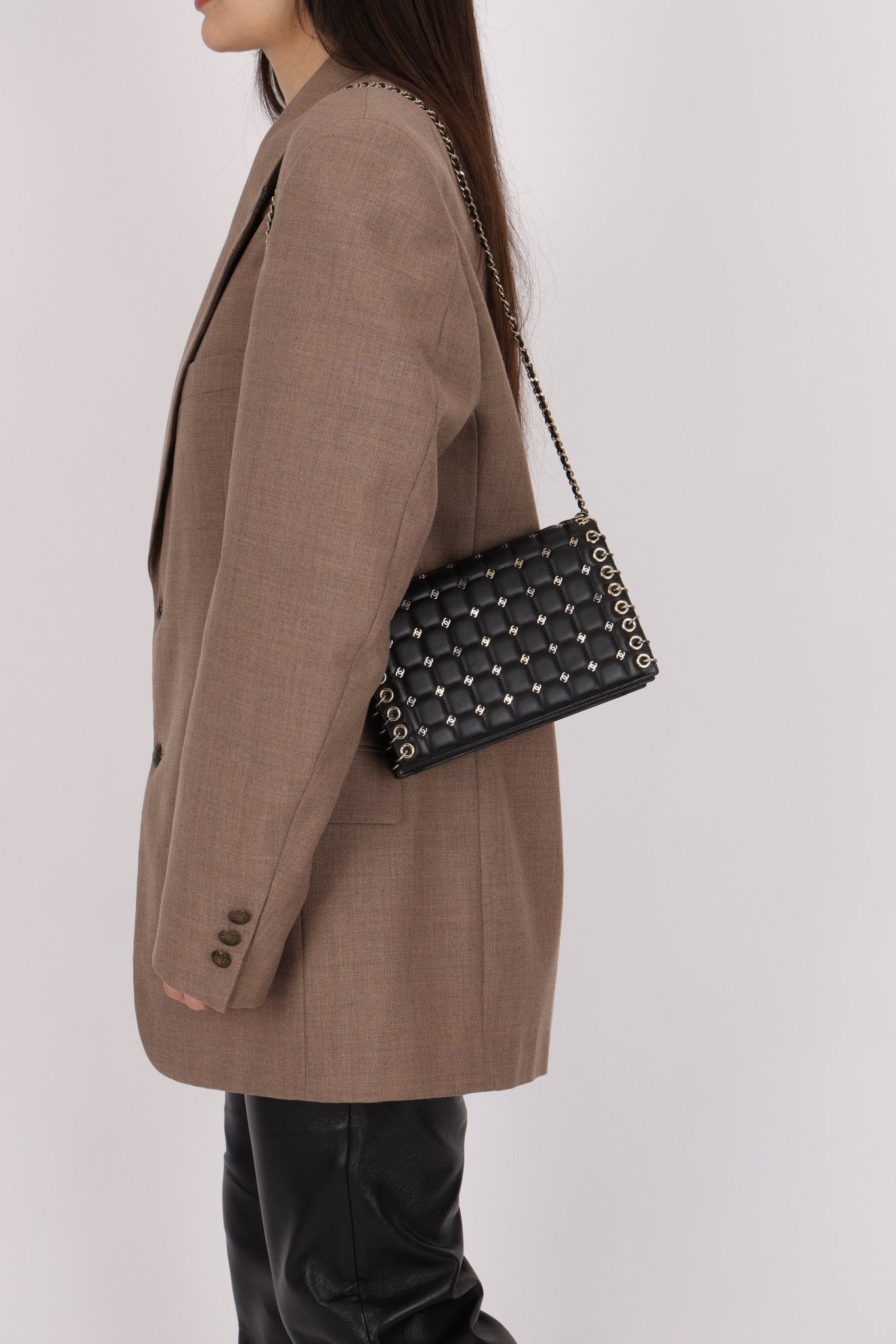 Chanel 2016 Chocolate Bar Piercing CC Studded Small Chain Flap Bag - FashioNica