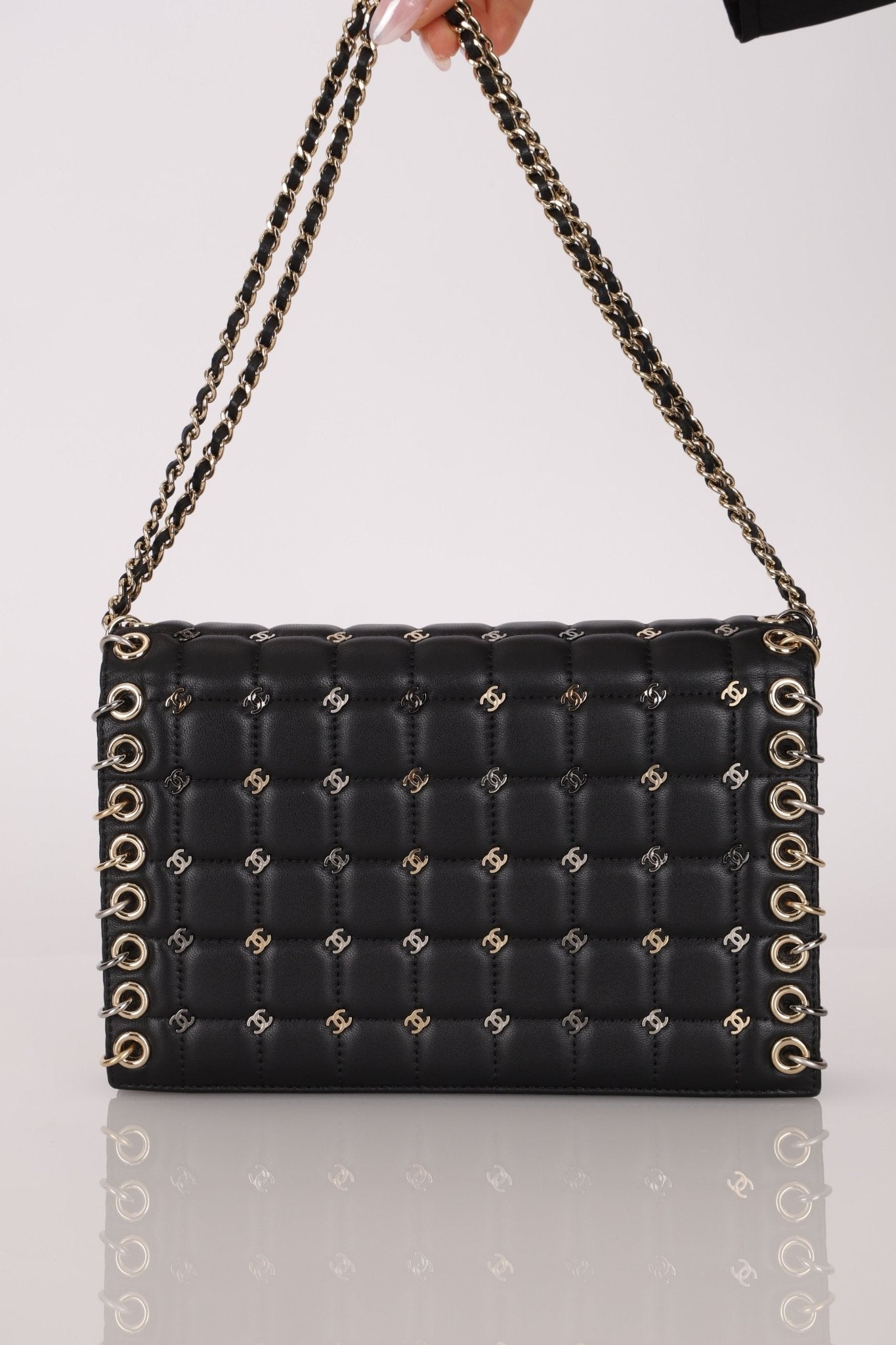 Chanel 2016 Chocolate Bar Piercing CC Studded Small Chain Flap Bag - FashioNica