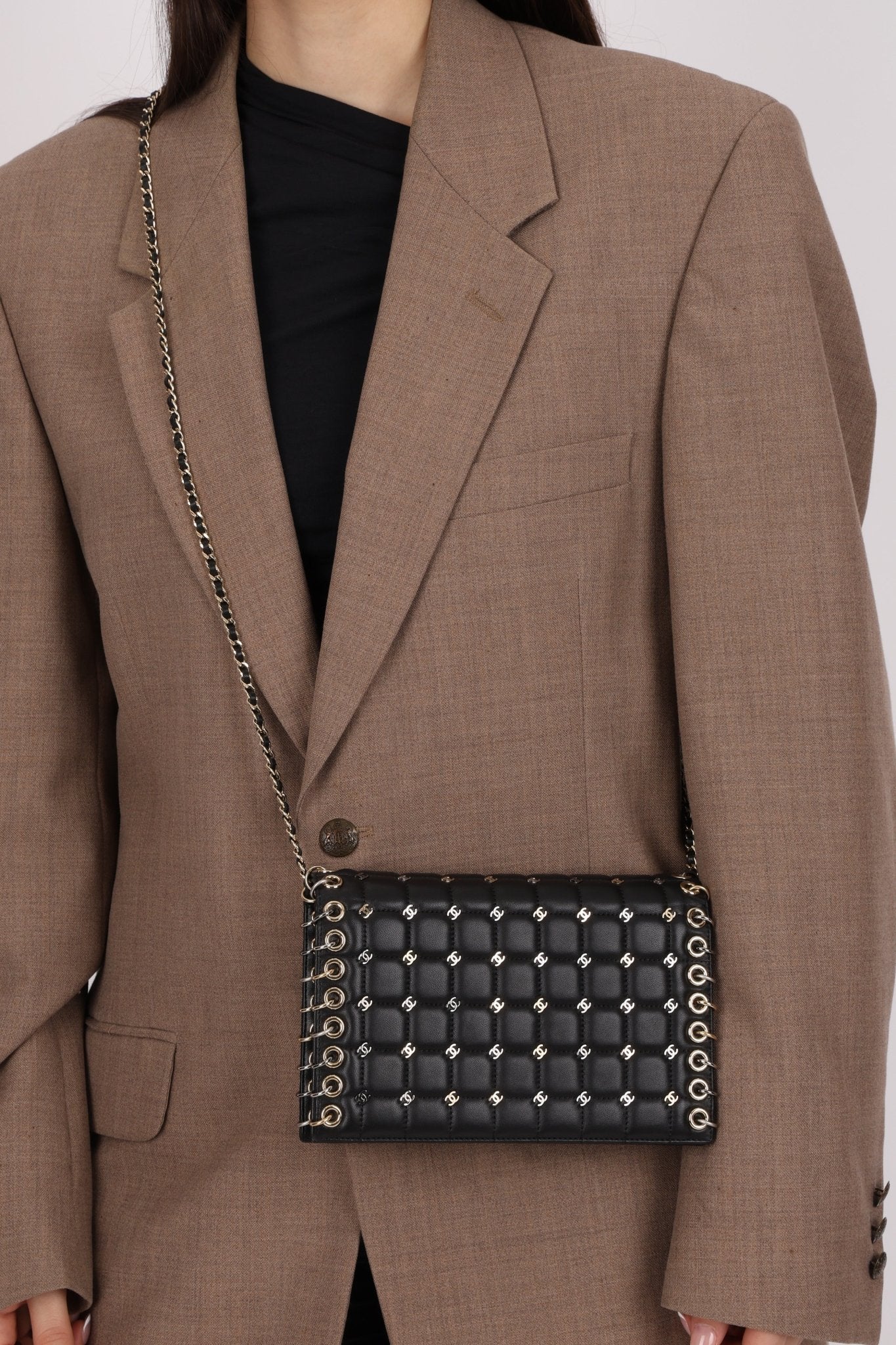 Chanel 2016 Chocolate Bar Piercing CC Studded Small Chain Flap Bag - FashioNica