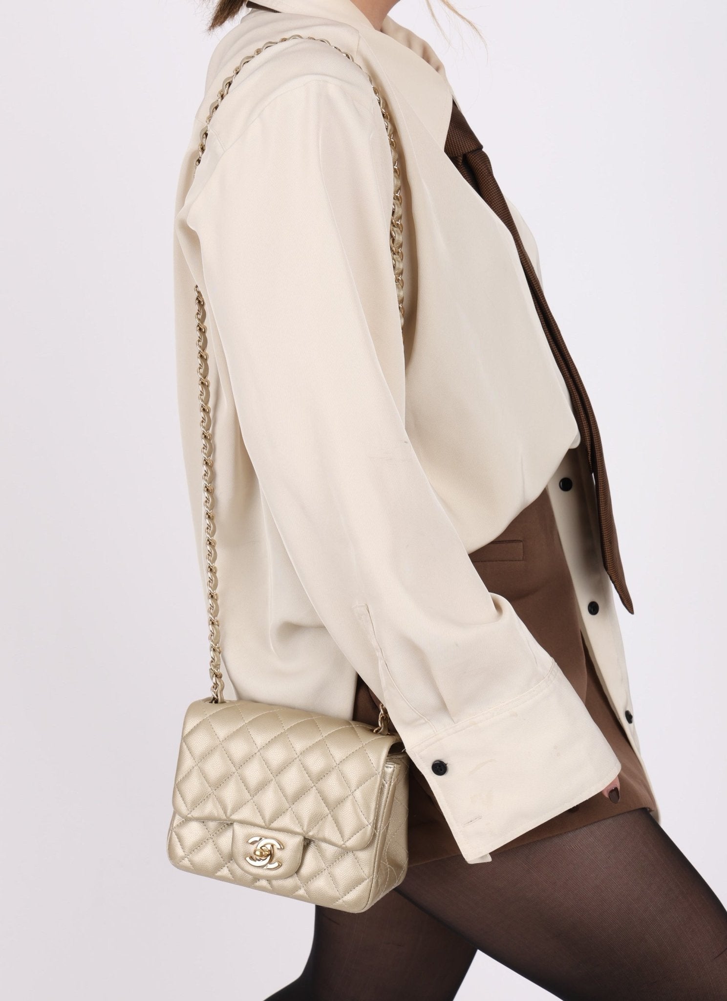 Chanel 2016 Iridescent Caviar Champagne Mini Square Flap - FashioNica