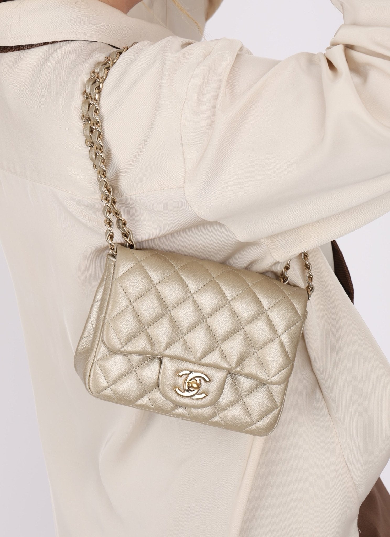 Chanel 2016 Iridescent Caviar Champagne Mini Square Flap - FashioNica