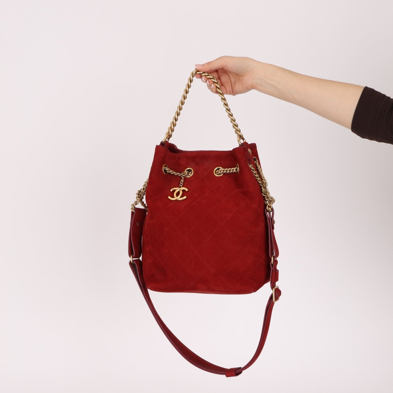 Chanel 2016 On My Shoulder Red Suede Bucket Bag - FashioNica