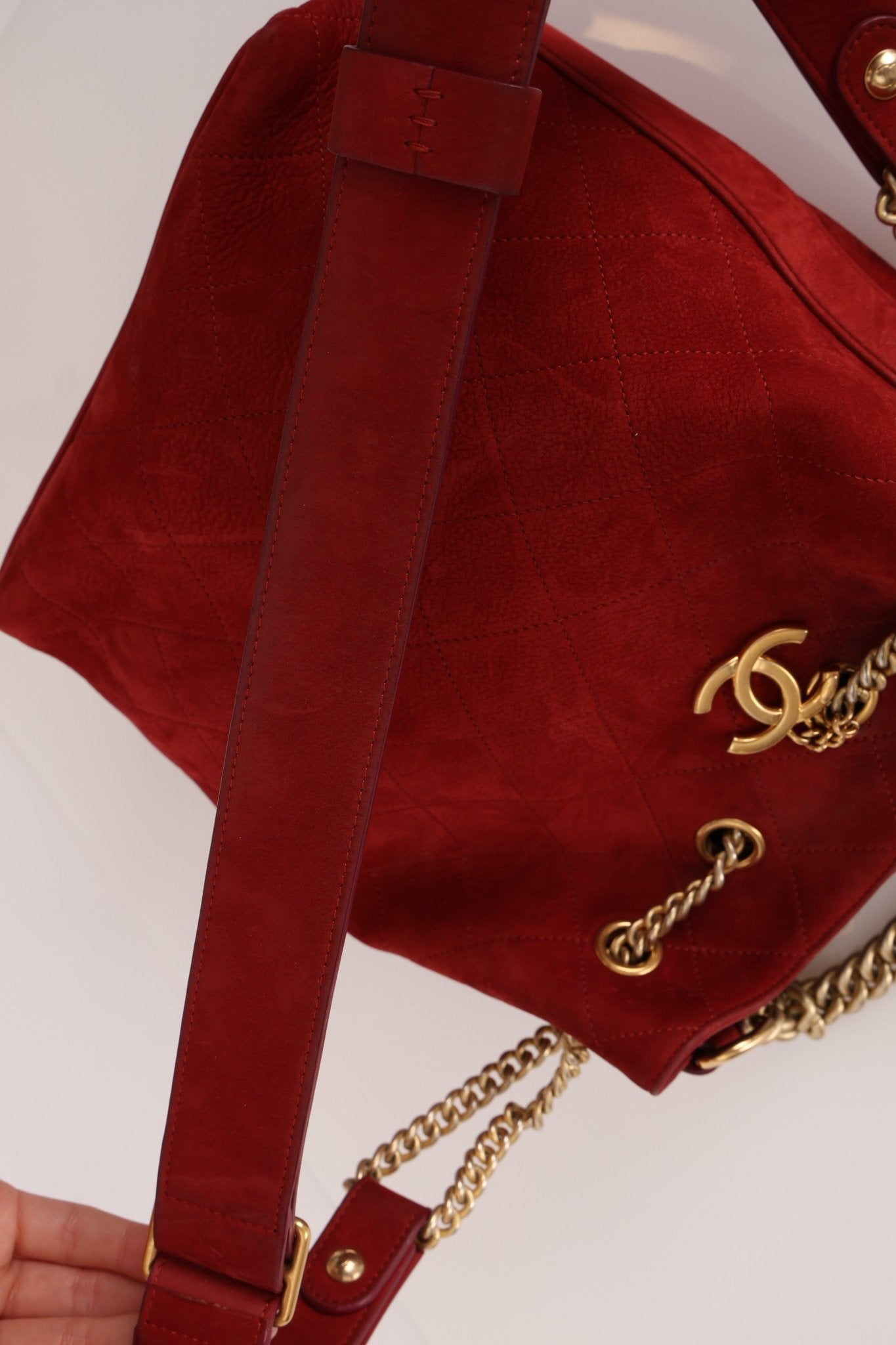 Chanel 2016 On My Shoulder Red Suede Bucket Bag - FashioNica
