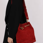 Chanel 2016 On My Shoulder Red Suede Bucket Bag - FashioNica