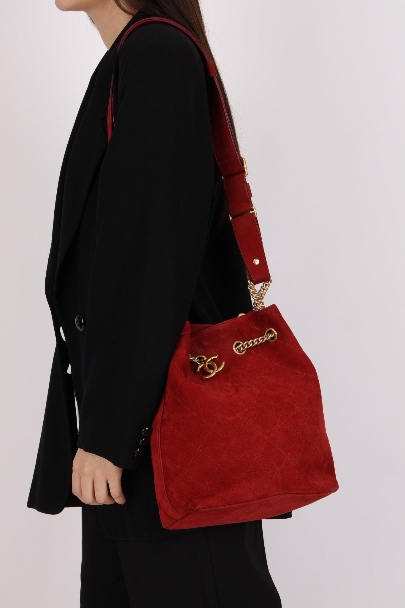 Chanel 2016 On My Shoulder Red Suede Bucket Bag - FashioNica