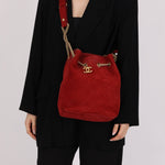 Chanel 2016 On My Shoulder Red Suede Bucket Bag - FashioNica