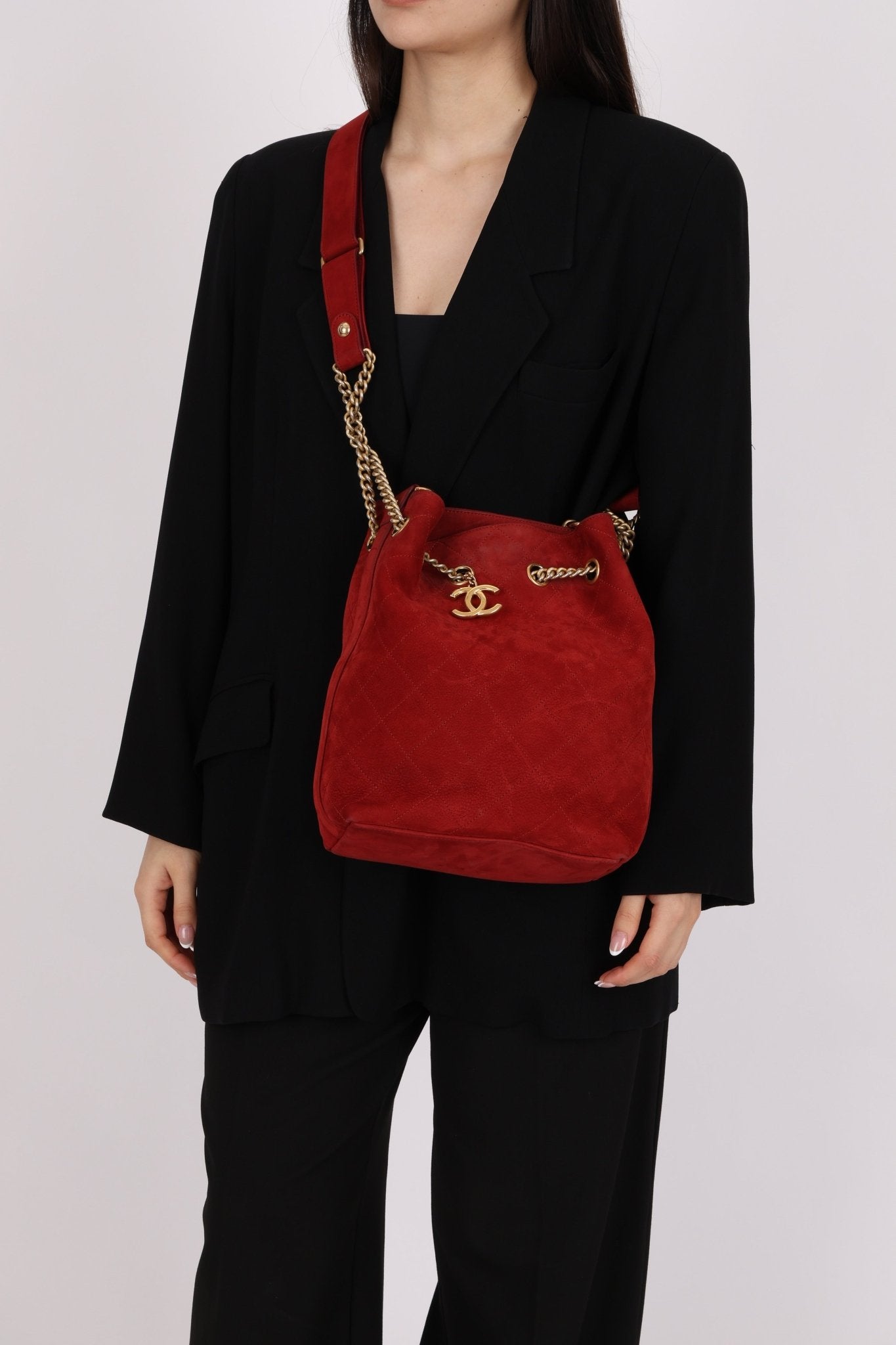Chanel 2016 On My Shoulder Red Suede Bucket Bag - FashioNica