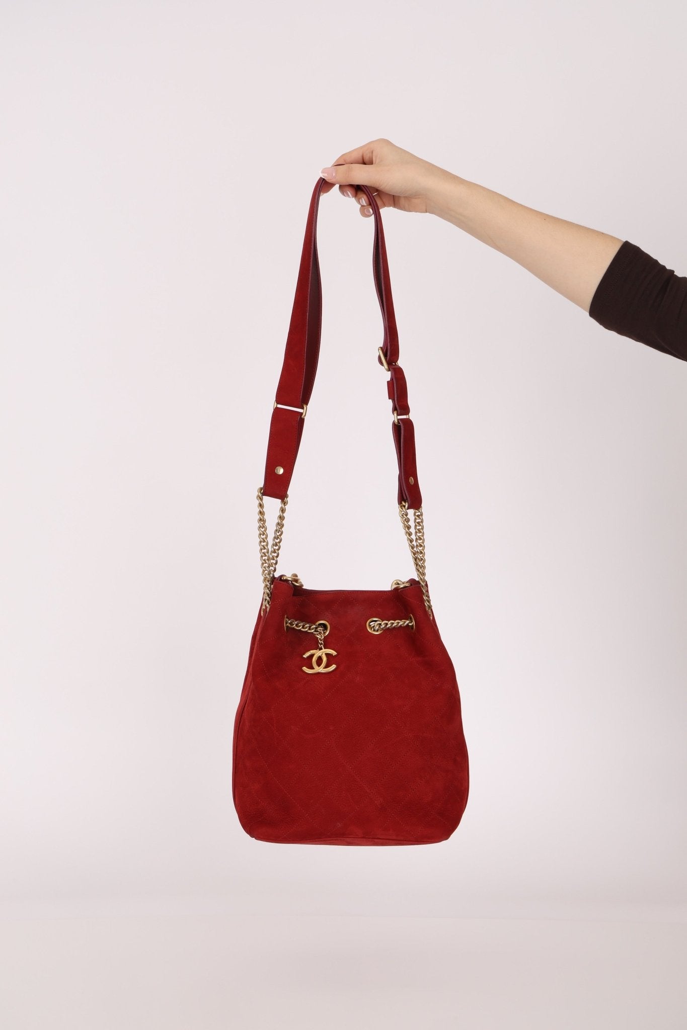 Chanel 2016 On My Shoulder Red Suede Bucket Bag - FashioNica