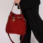 Chanel 2016 On My Shoulder Red Suede Bucket Bag - FashioNica