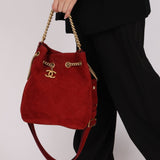 Chanel 2016 On My Shoulder Red Suede Bucket Bag - FashioNica