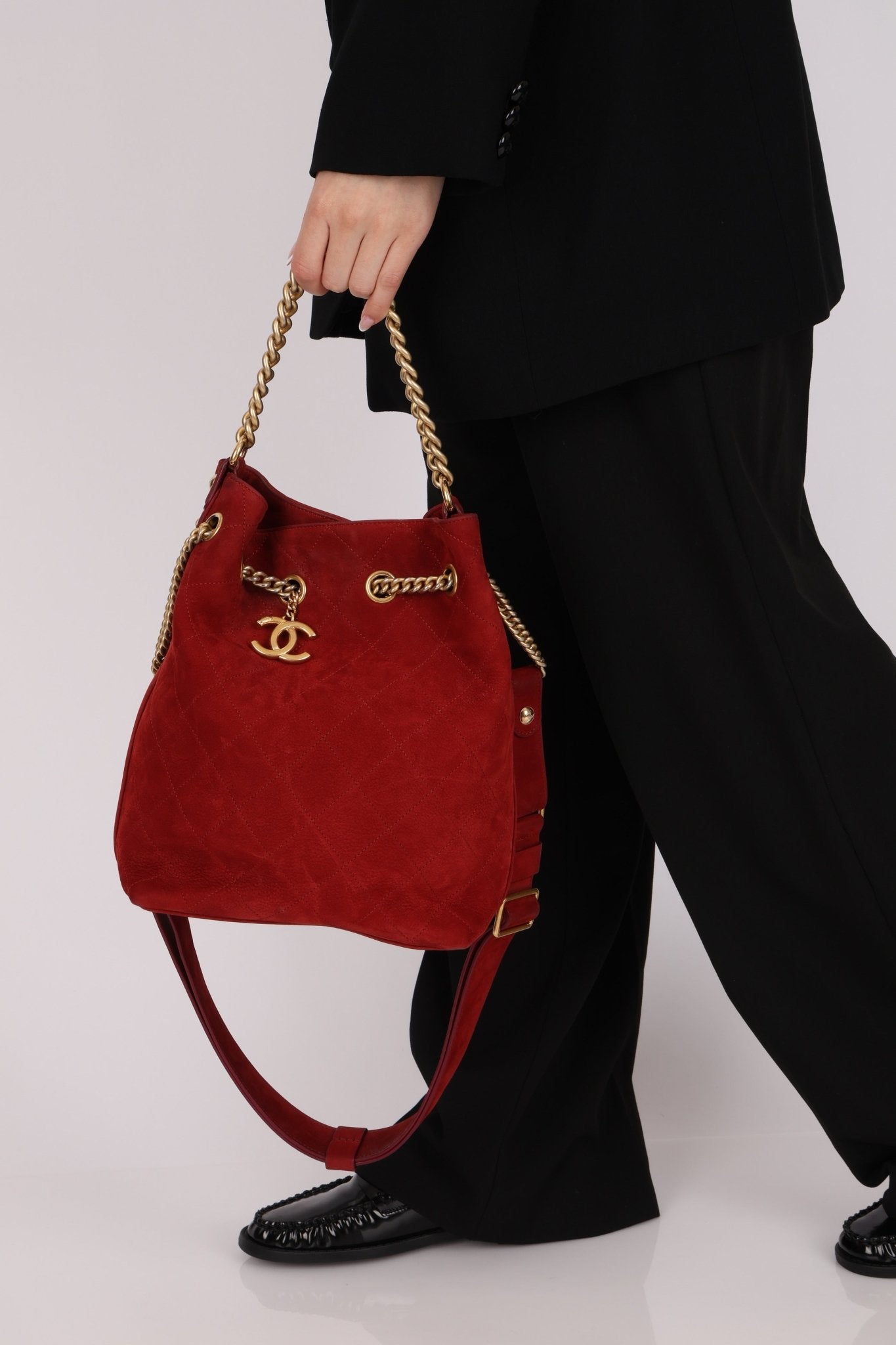 Chanel 2016 On My Shoulder Red Suede Bucket Bag - FashioNica