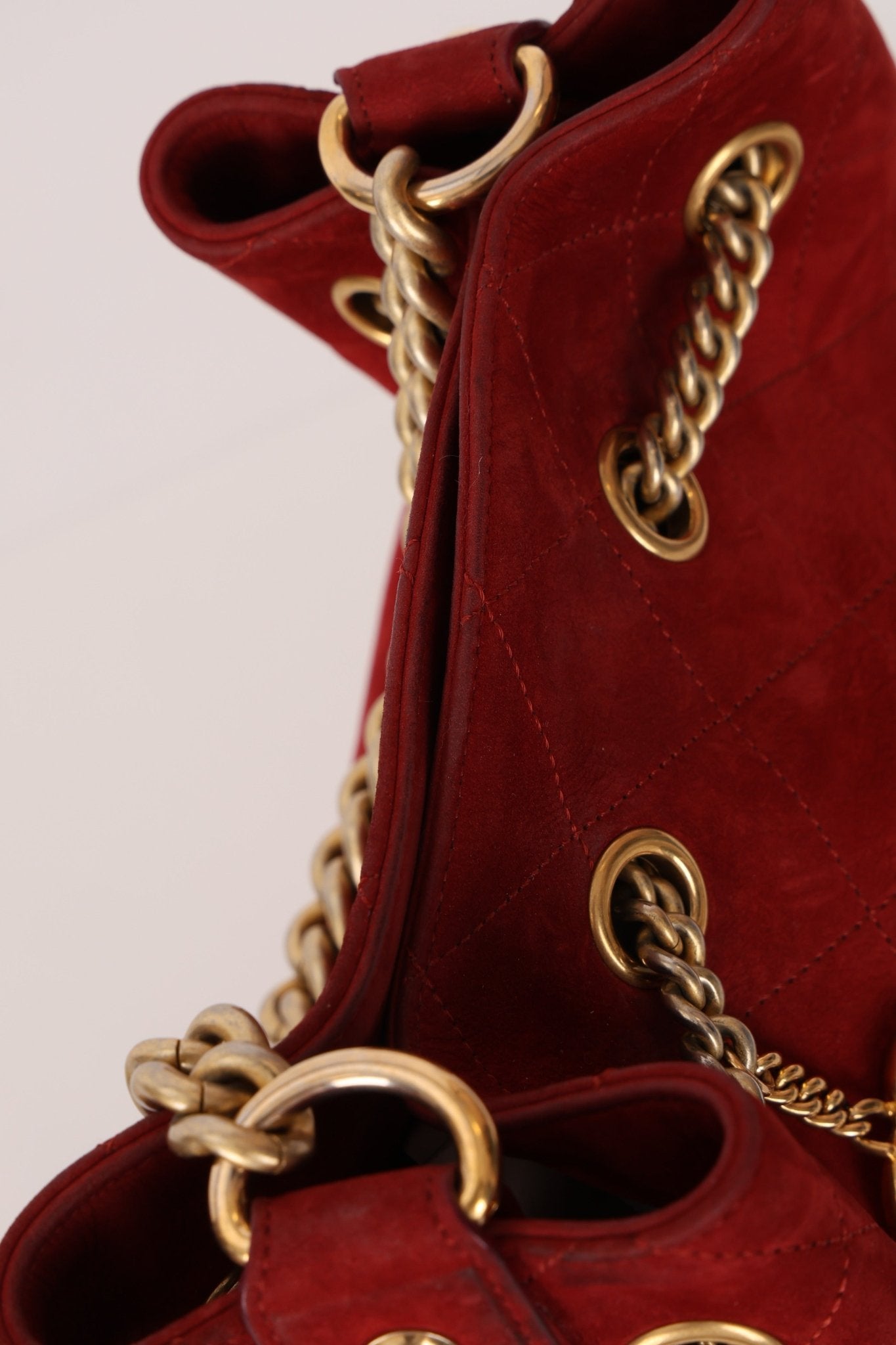 Chanel 2016 On My Shoulder Red Suede Bucket Bag - FashioNica