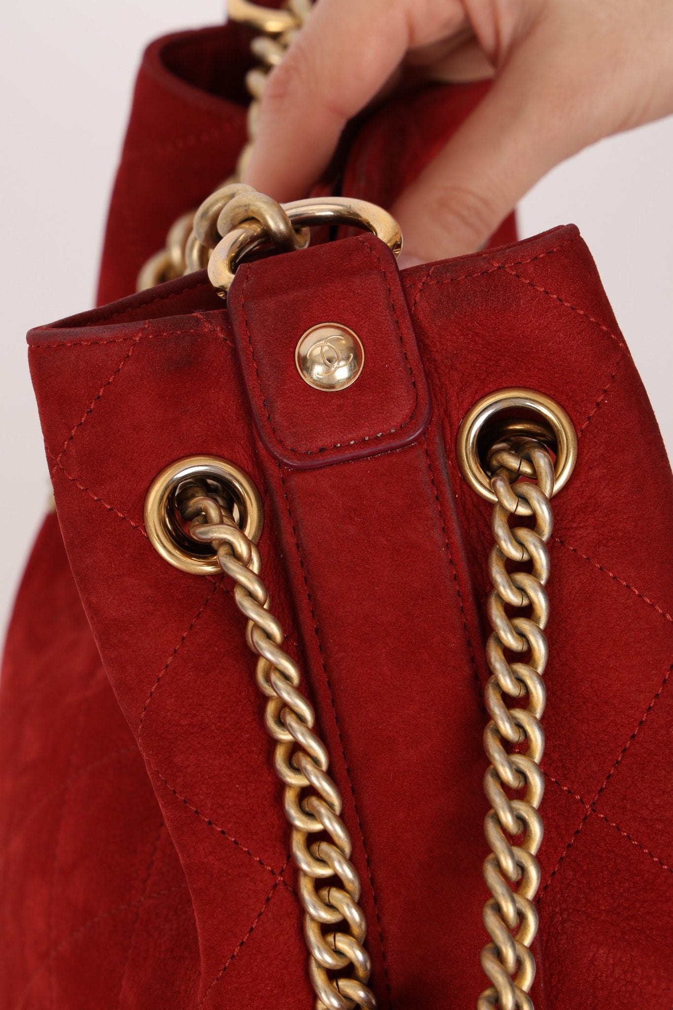 Chanel 2016 On My Shoulder Red Suede Bucket Bag - FashioNica