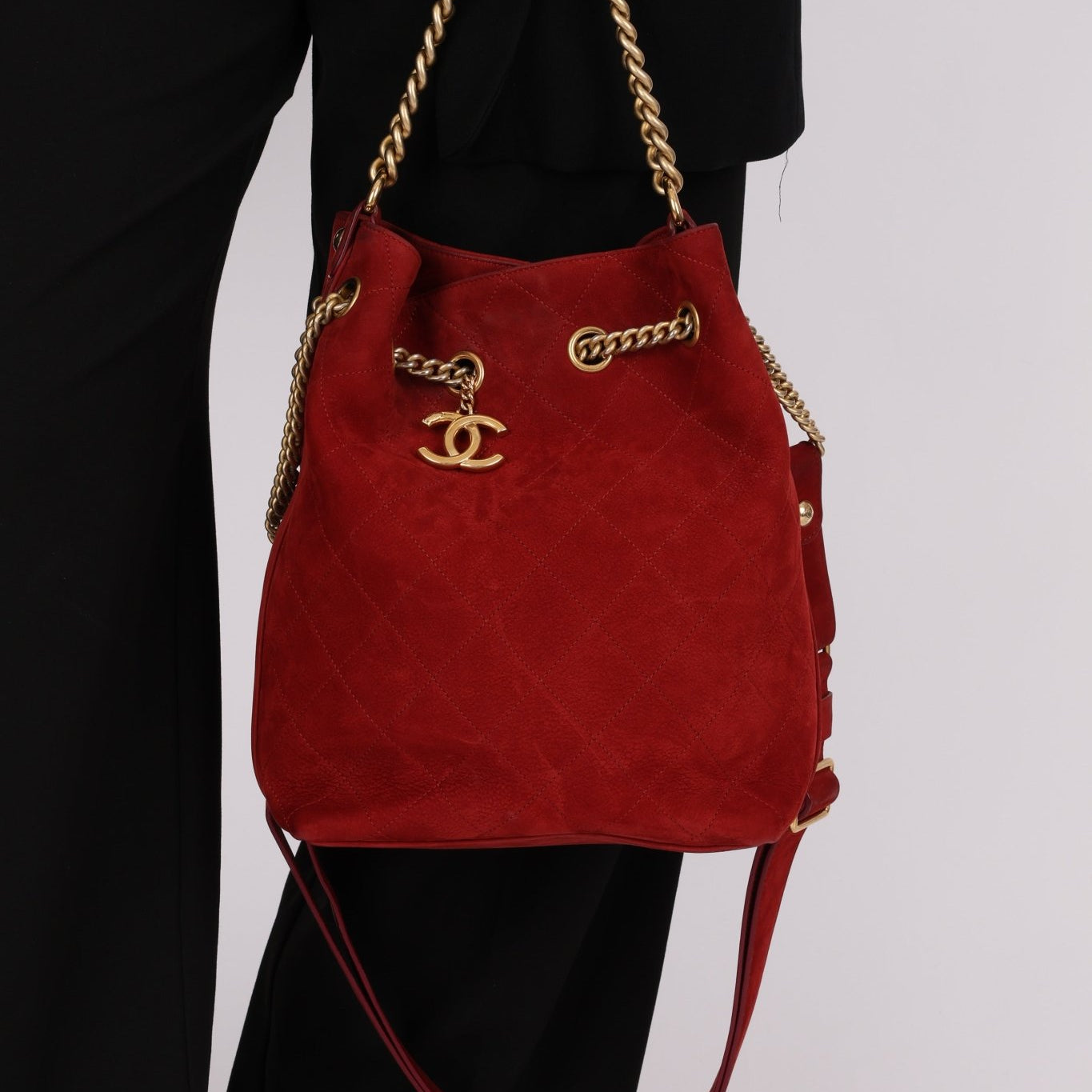 Chanel 2016 On My Shoulder Red Suede Bucket Bag - FashioNica
