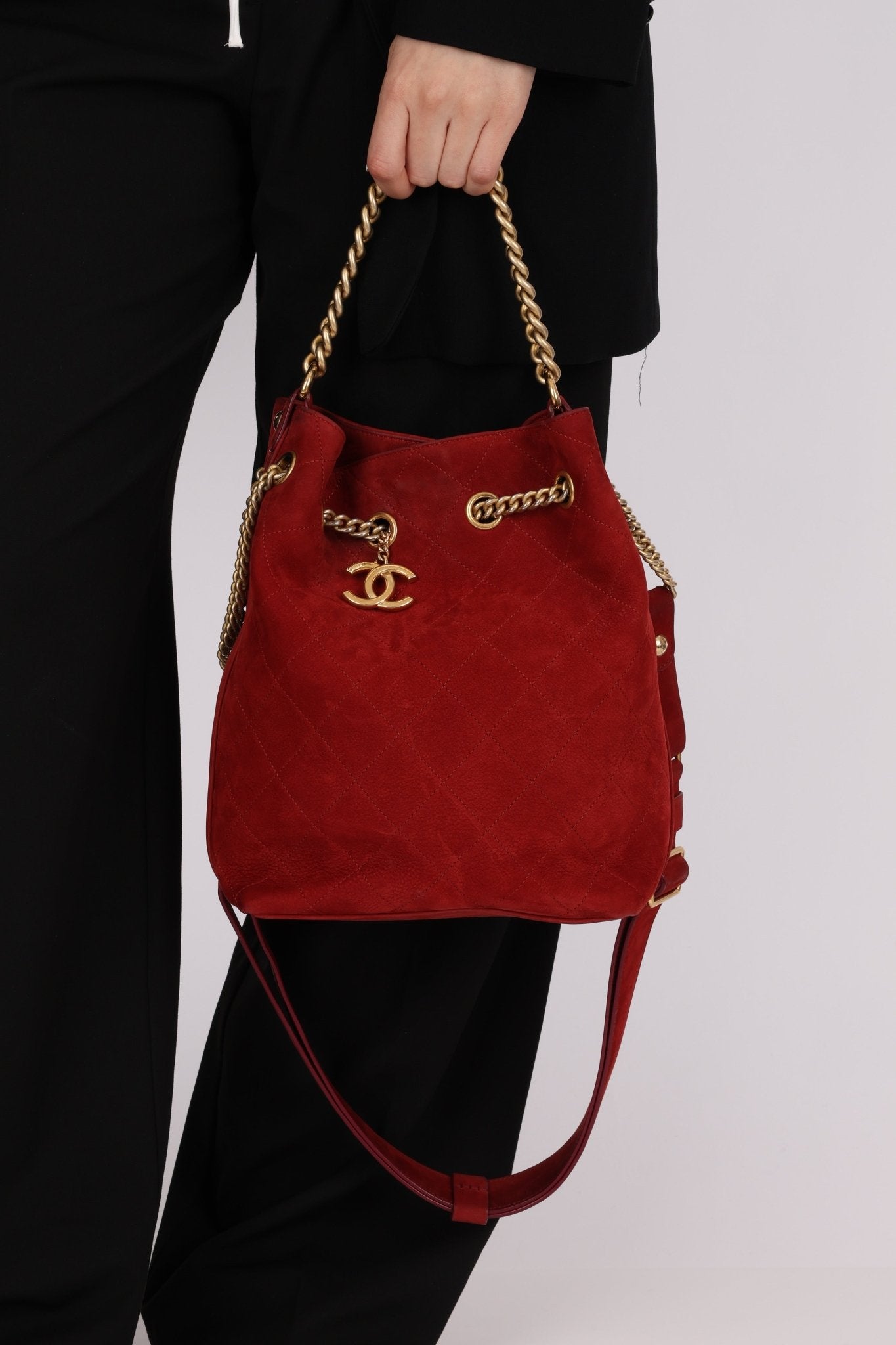 Chanel 2016 On My Shoulder Red Suede Bucket Bag - FashioNica