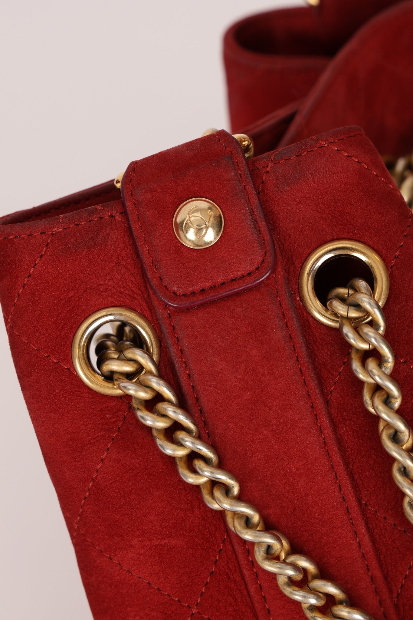 Chanel 2016 On My Shoulder Red Suede Bucket Bag - FashioNica