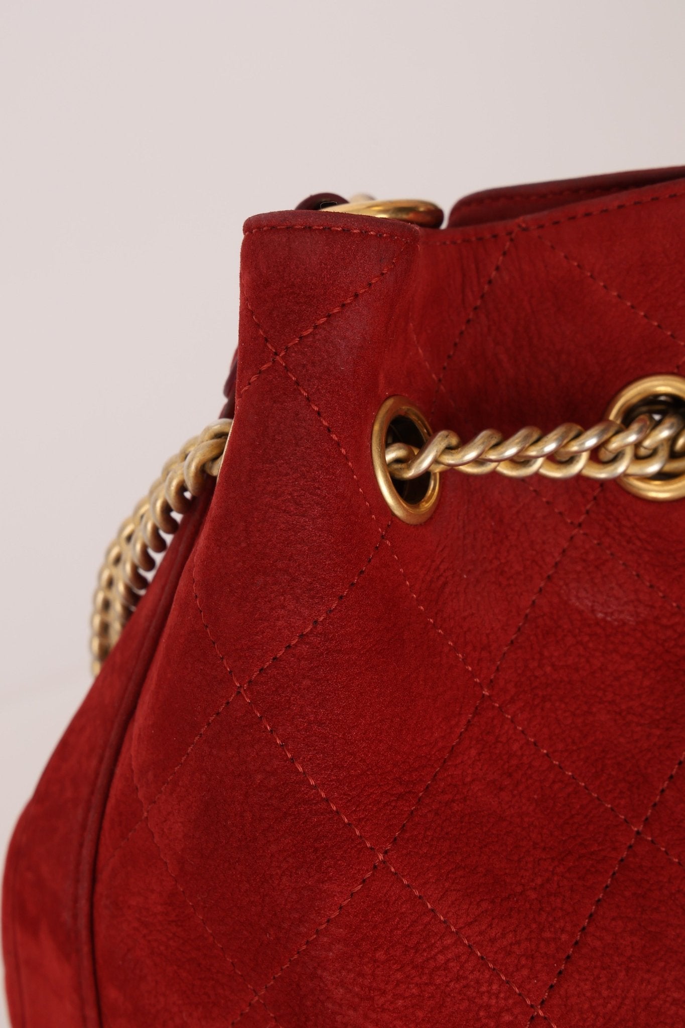 Chanel 2016 On My Shoulder Red Suede Bucket Bag - FashioNica
