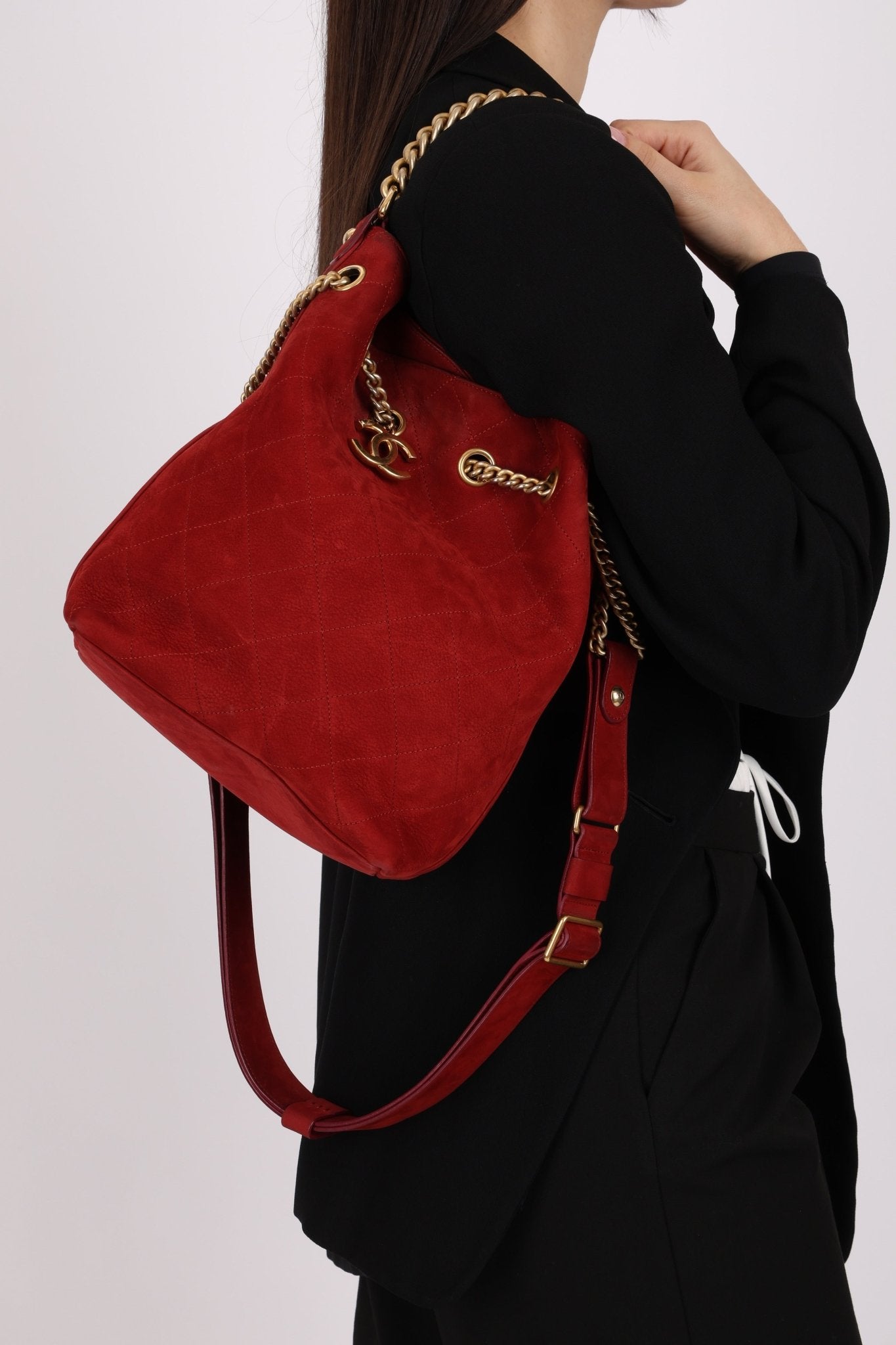 Chanel 2016 On My Shoulder Red Suede Bucket Bag - FashioNica