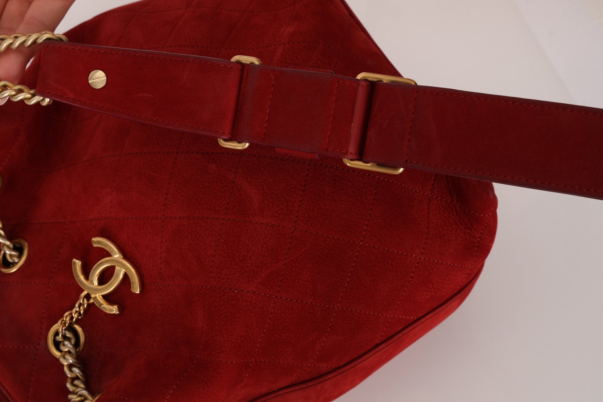 Chanel 2016 On My Shoulder Red Suede Bucket Bag - FashioNica