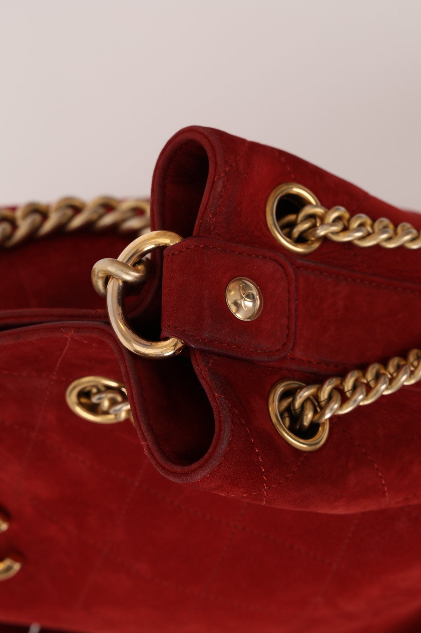 Chanel 2016 On My Shoulder Red Suede Bucket Bag - FashioNica