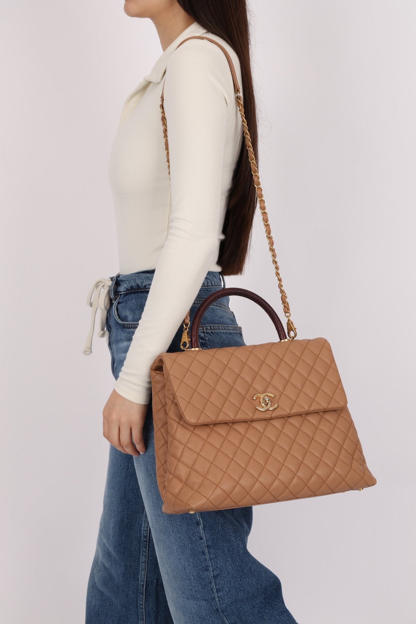 Chanel 2017 Beige Caviar Lizard Kelly Coco Handle - FashioNica