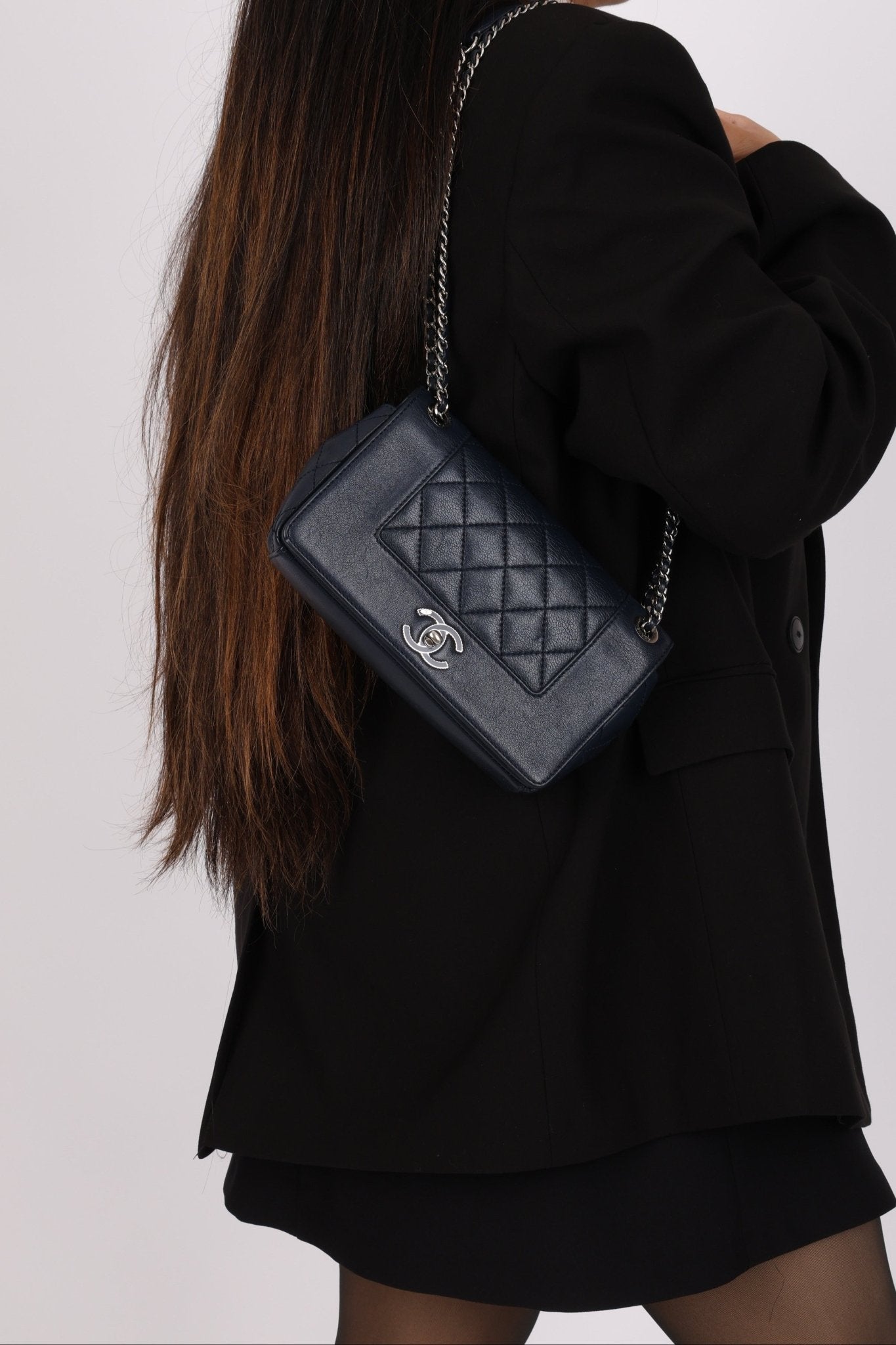 Chanel 2017 Dark Navy Sheepskin Mademoiselle Full Flap Bag - FashioNica