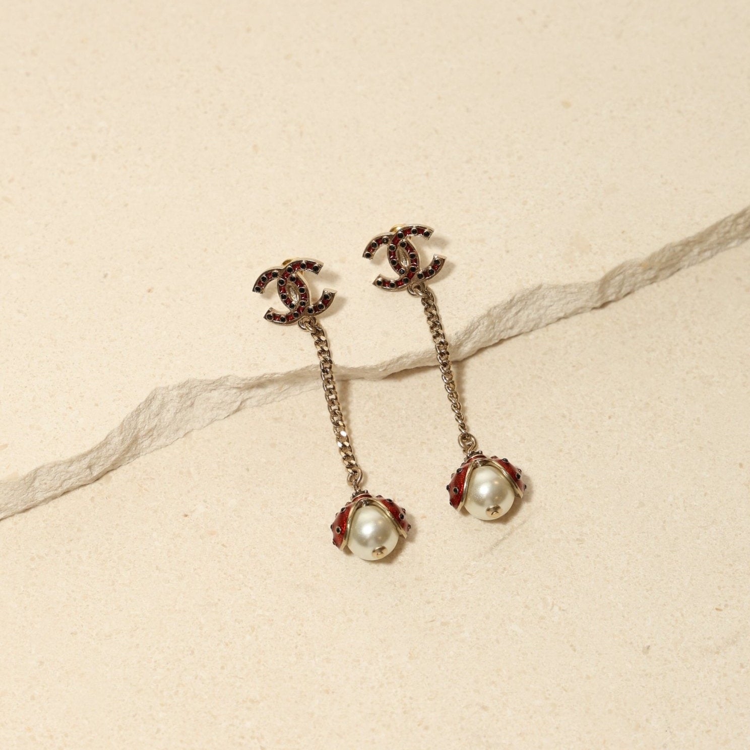 Chanel 2018 CC Logo Rhinestone and Pearl Ladybug Drop Earrings - FashioNica