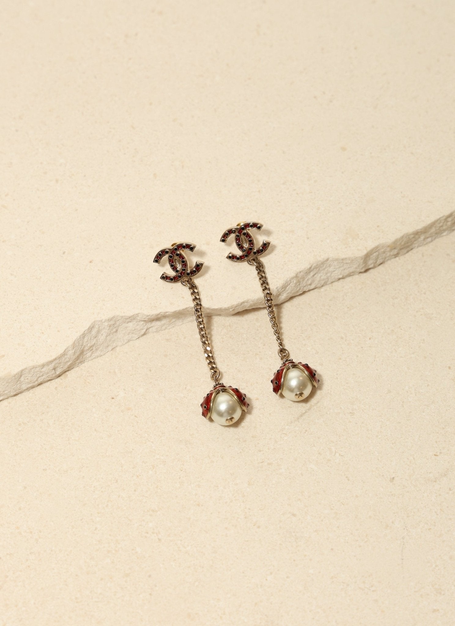 Chanel 2018 CC Logo Rhinestone and Pearl Ladybug Drop Earrings - FashioNica