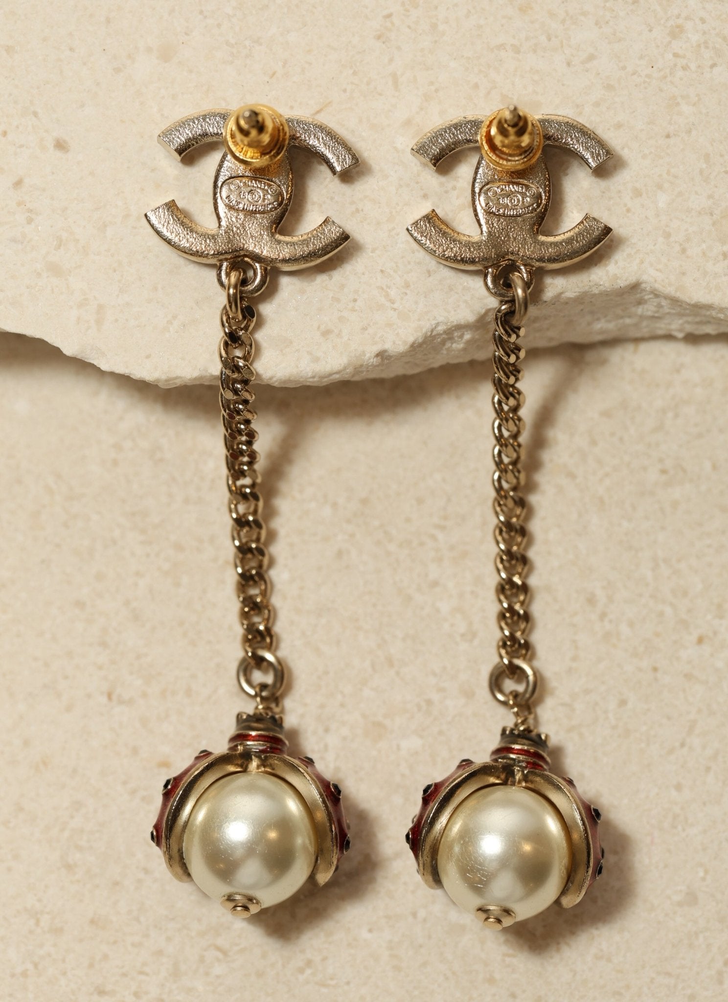 Chanel 2018 CC Logo Rhinestone and Pearl Ladybug Drop Earrings - FashioNica