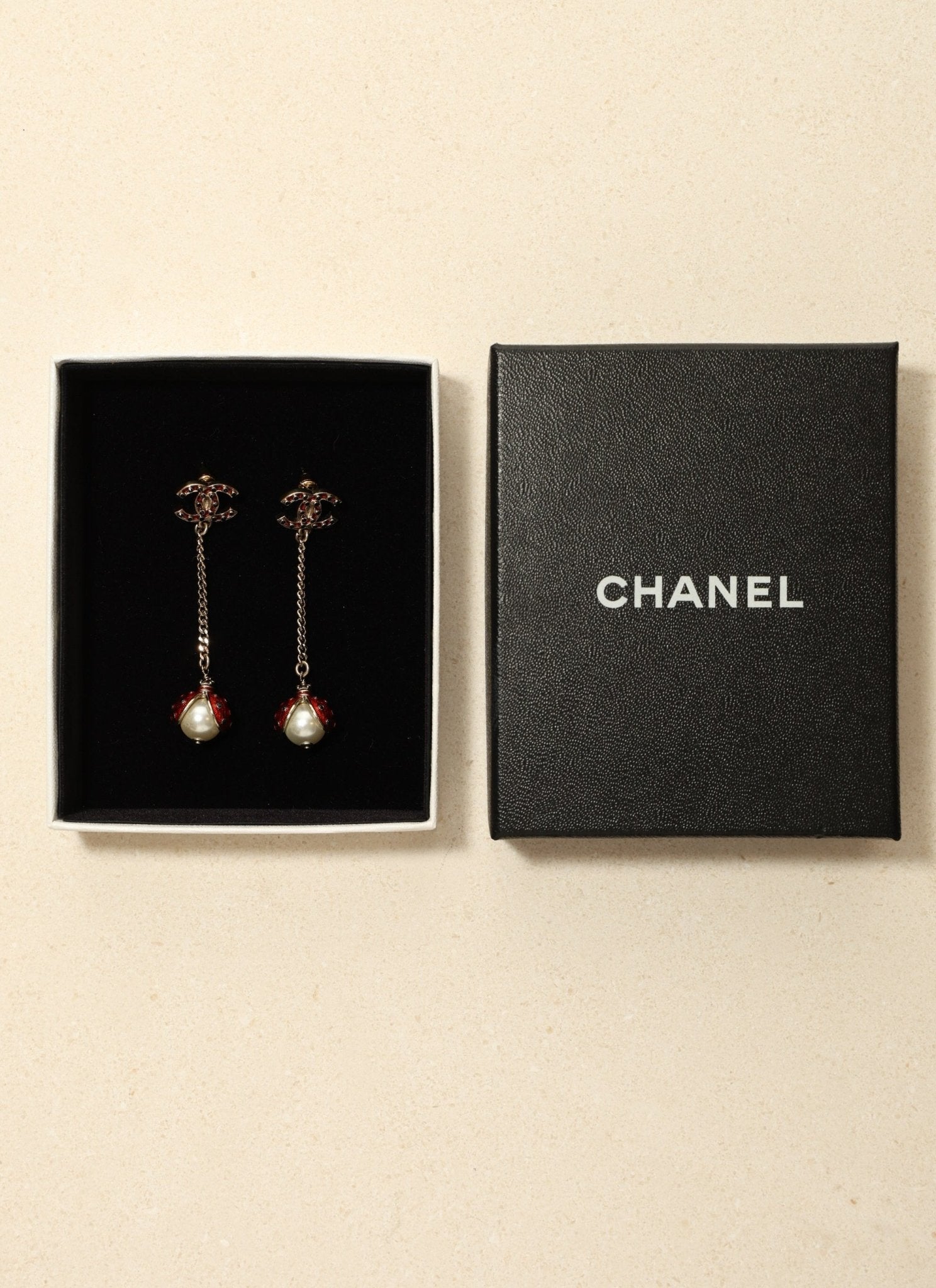 Chanel 2018 CC Logo Rhinestone and Pearl Ladybug Drop Earrings - FashioNica
