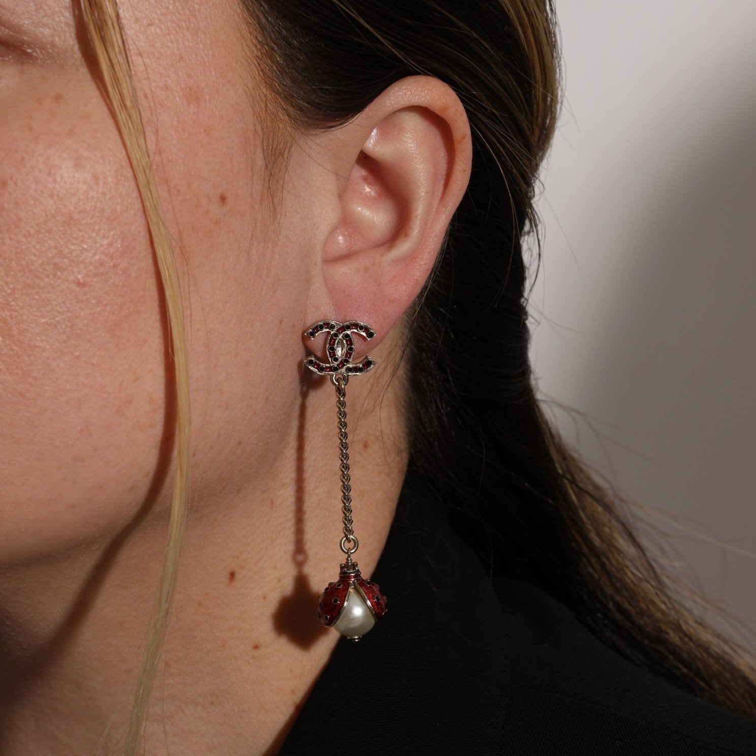 Chanel 2018 CC Logo Rhinestone and Pearl Ladybug Drop Earrings - FashioNica