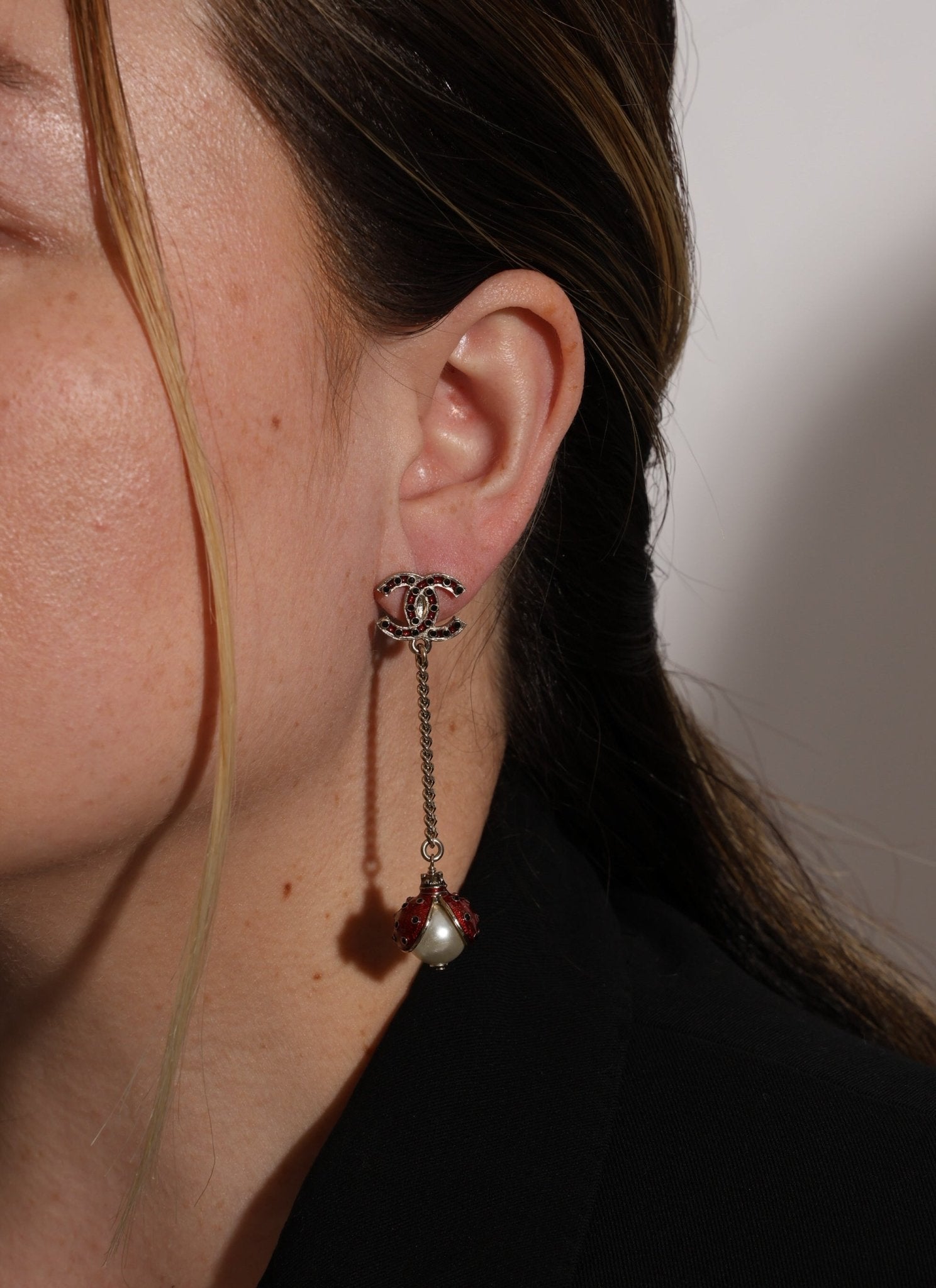 Chanel 2018 CC Logo Rhinestone and Pearl Ladybug Drop Earrings - FashioNica