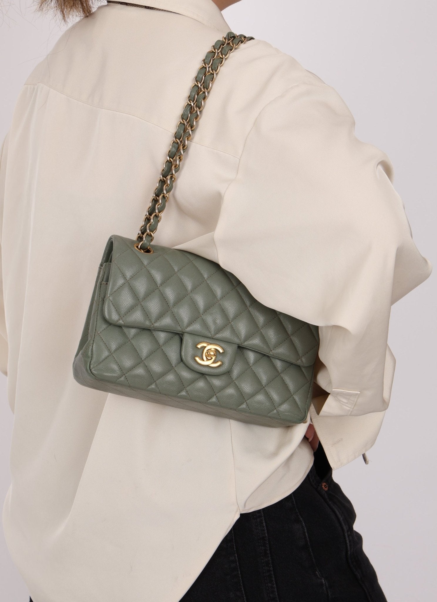 Chanel 2018 Eucalyptus Green Iridescent Caviar Small Double Flap - FashioNica
