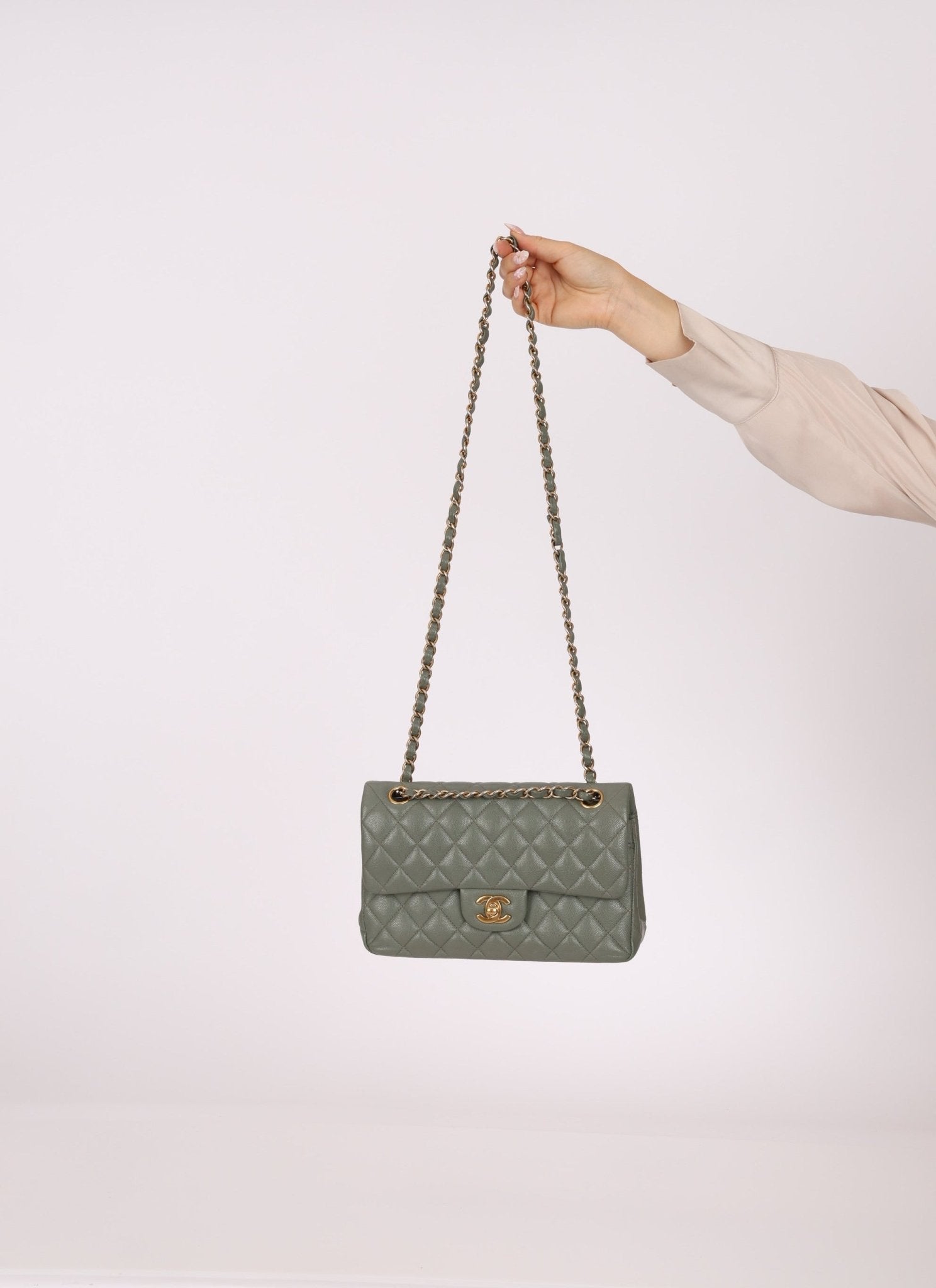 Chanel 2018 Eucalyptus Green Iridescent Caviar Small Double Flap - FashioNica