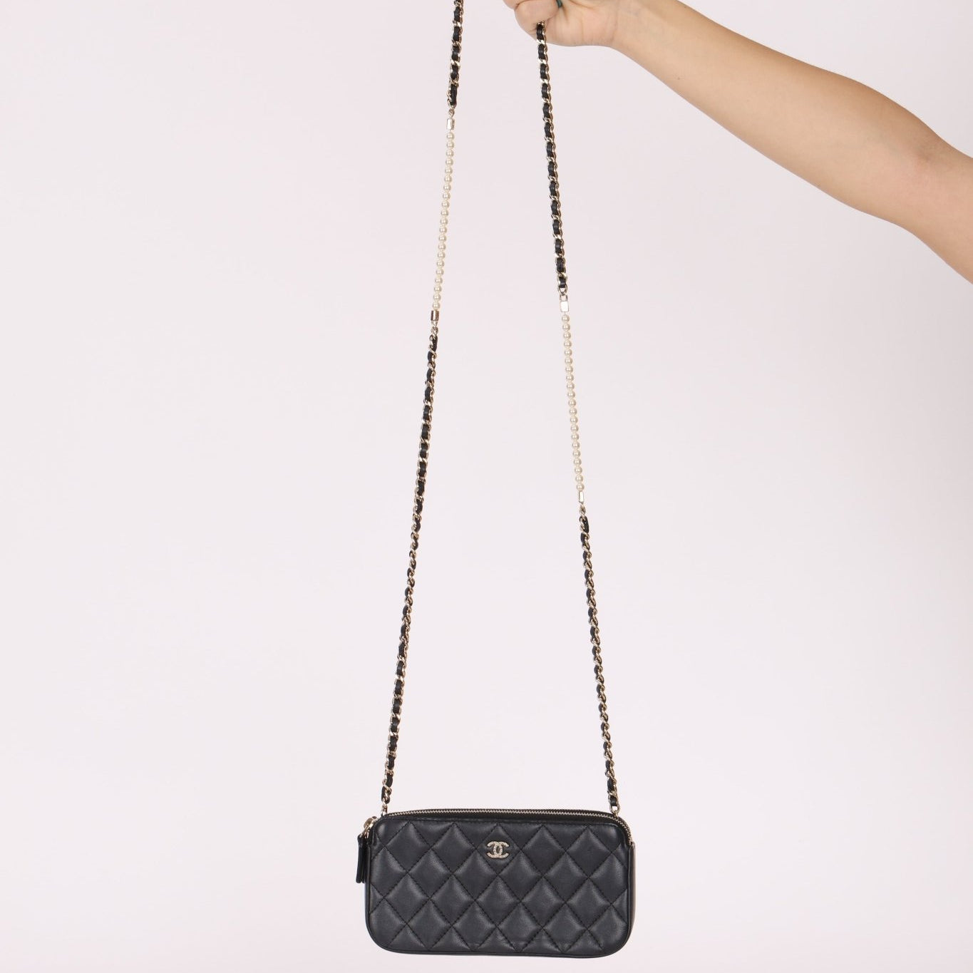 Chanel 2018 Iridescent Lambskin Double - Zip Pearl Wallet on Chain - FashioNica