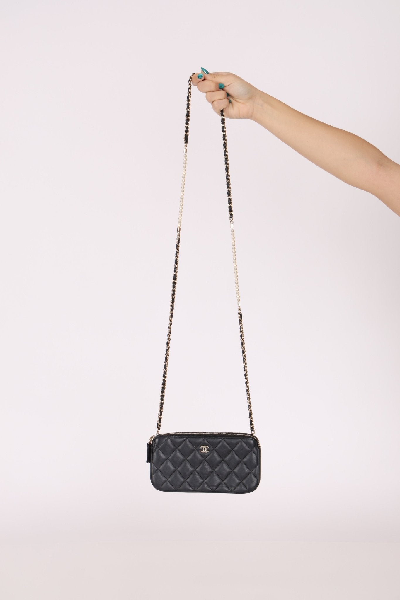 Chanel 2018 Iridescent Lambskin Double - Zip Pearl Wallet on Chain - FashioNica