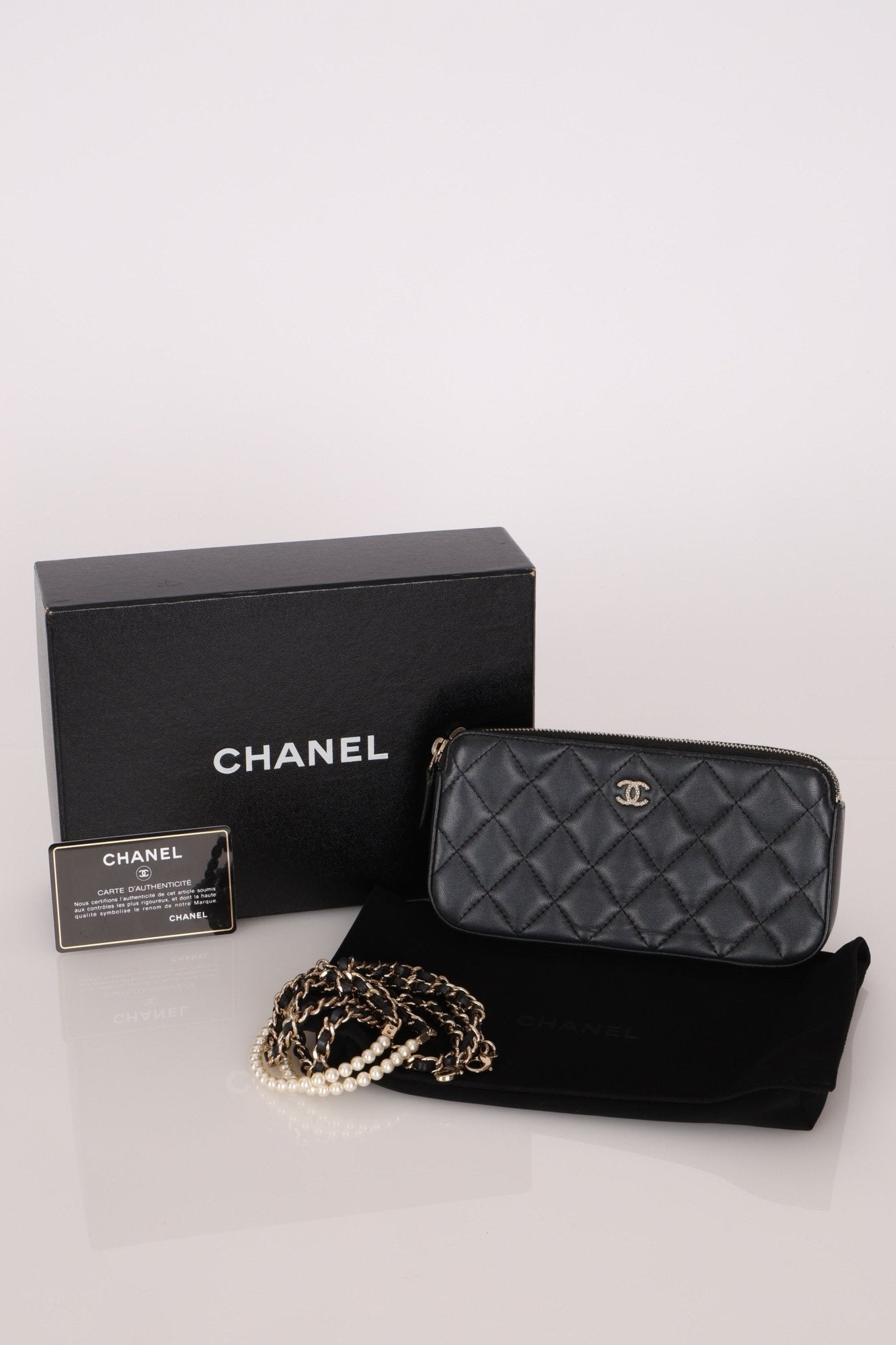 Chanel 2018 Iridescent Lambskin Double - Zip Pearl Wallet on Chain - FashioNica