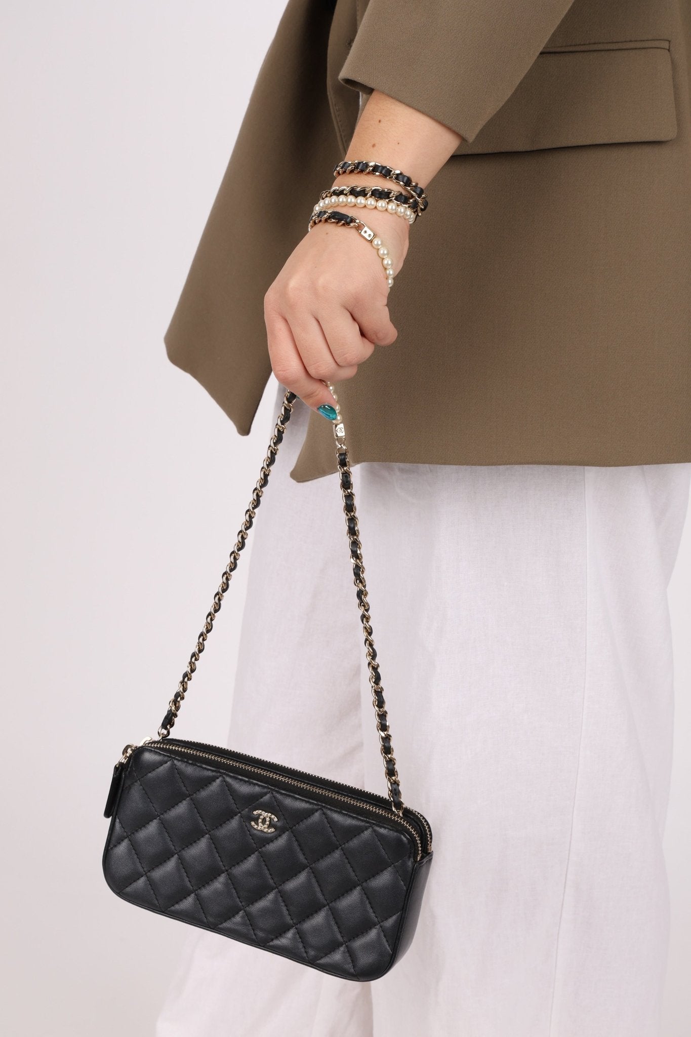 Chanel 2018 Iridescent Lambskin Double - Zip Pearl Wallet on Chain - FashioNica