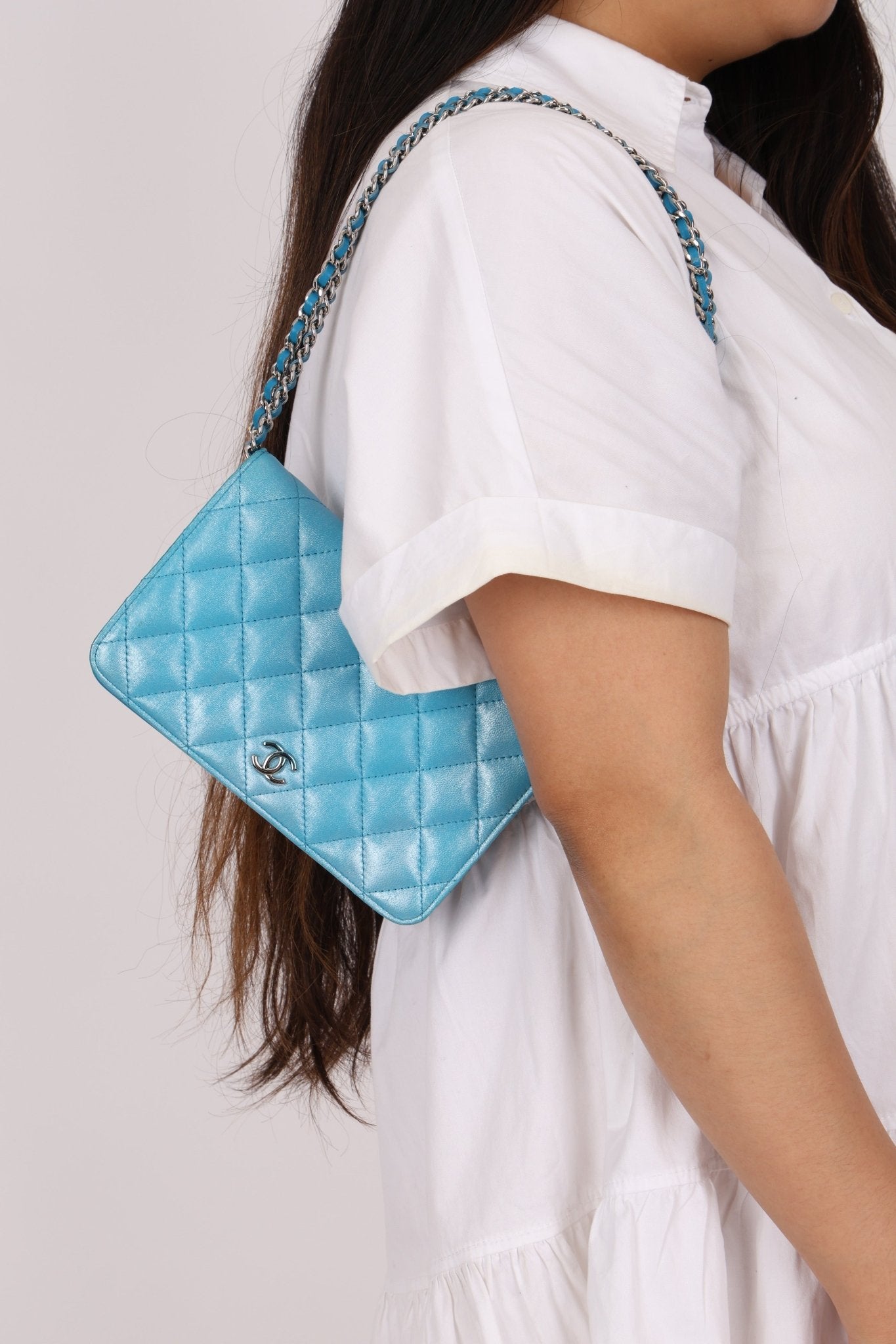 Chanel 2018 Light Blue Iridescent Wallet on Chain - FashioNica