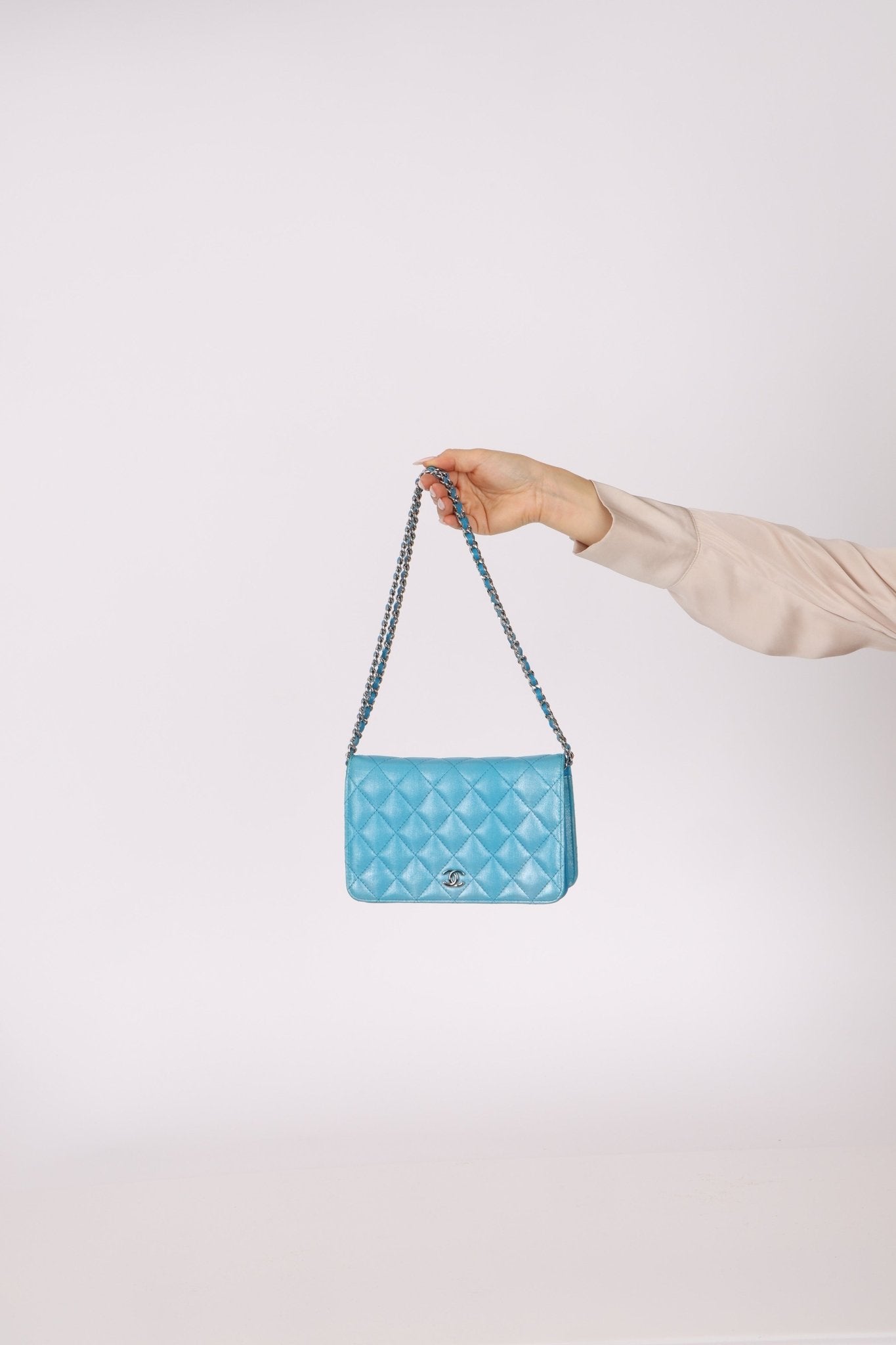 Chanel 2018 Light Blue Iridescent Wallet on Chain - FashioNica