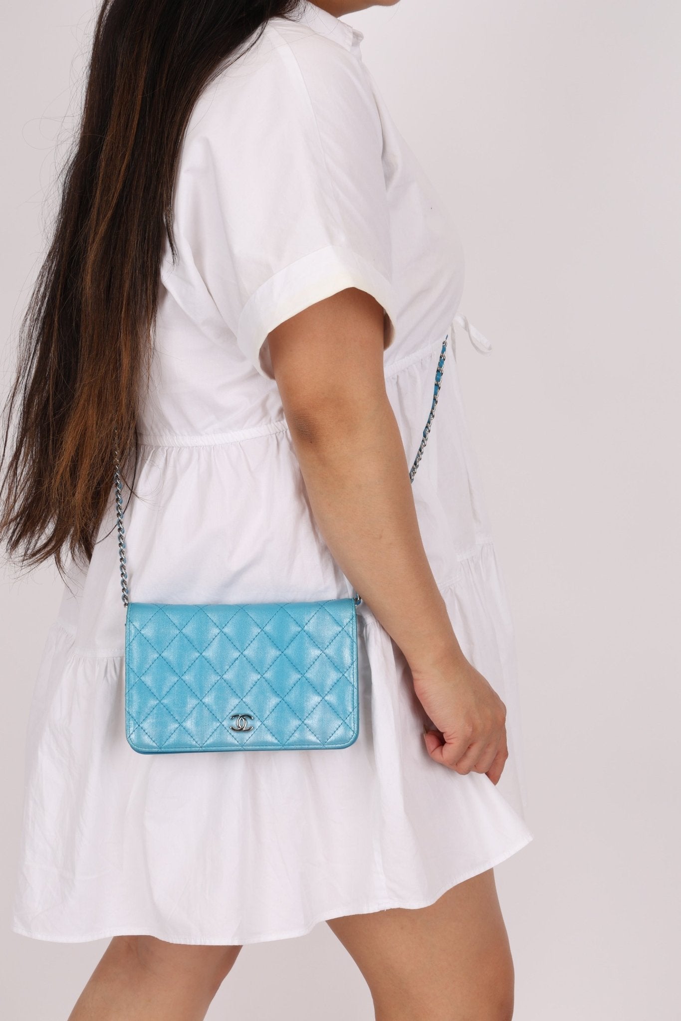 Chanel 2018 Light Blue Iridescent Wallet on Chain - FashioNica