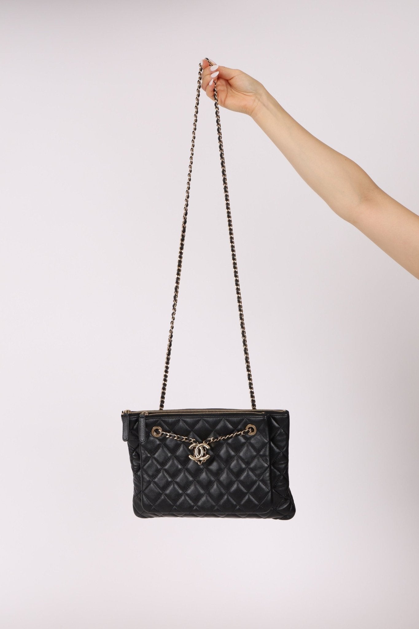 Chanel 2019 Shiny Lambskin Quilted Medium Double Case With Strap - FashioNica