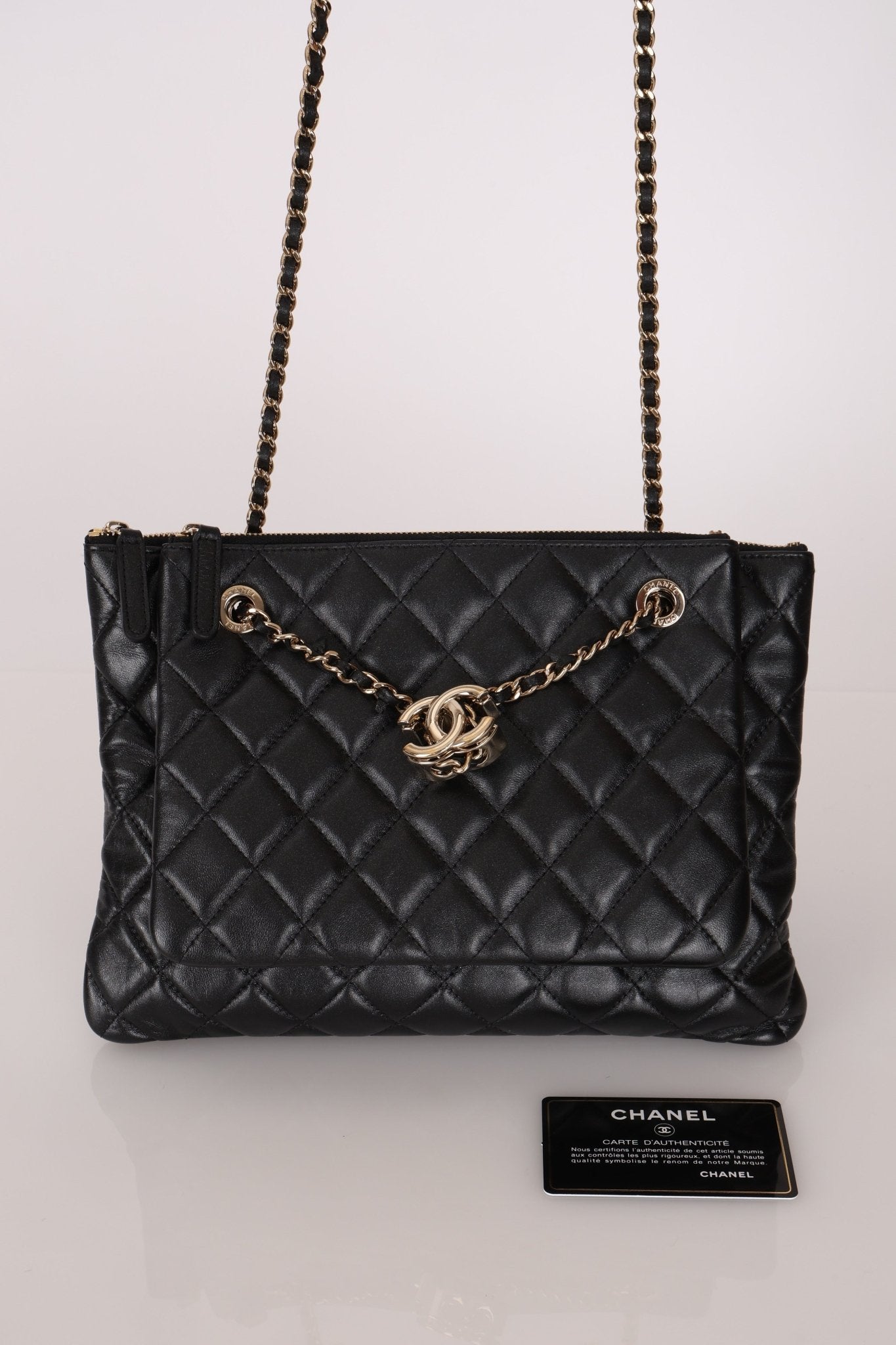Chanel 2019 Shiny Lambskin Quilted Medium Double Case With Strap - FashioNica