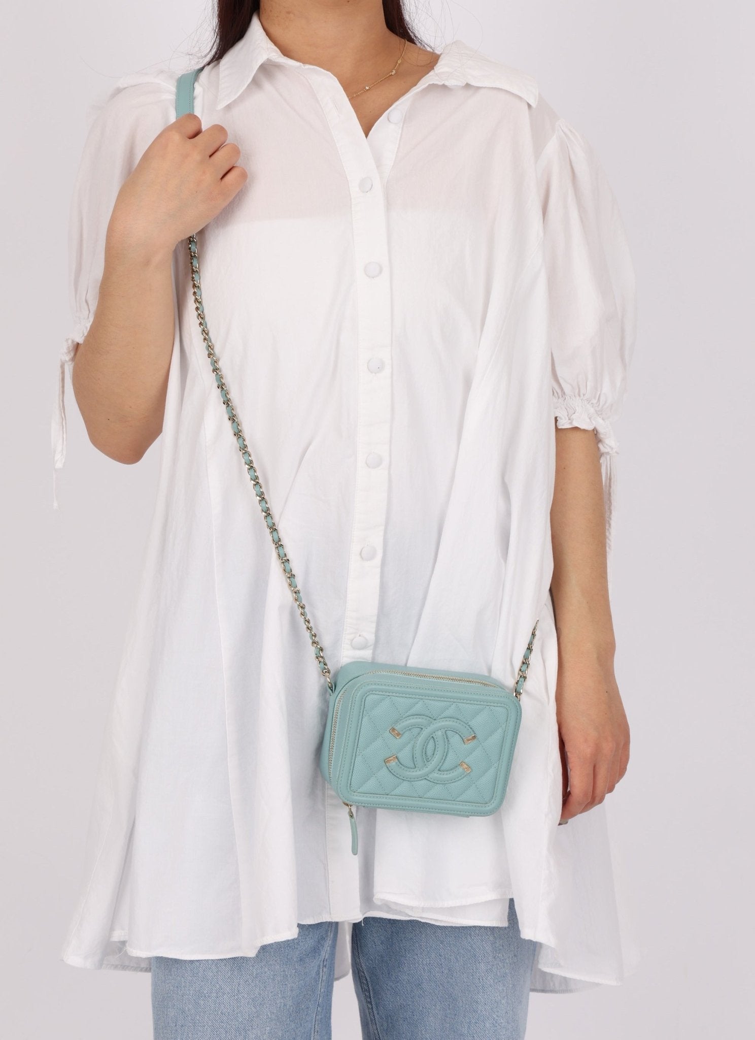 Chanel 2020 Caviar Robin's Egg Mini Filigree Crossbody - FashioNica