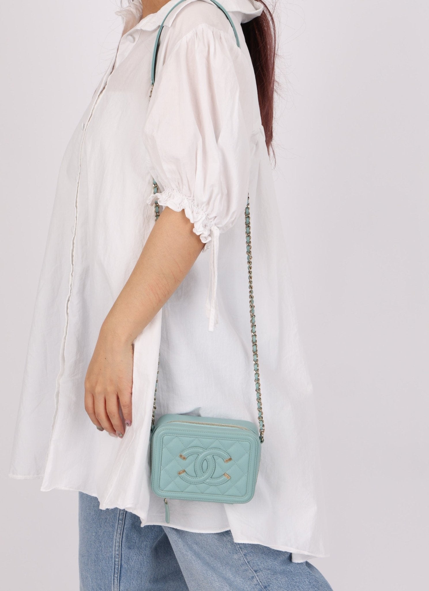 Chanel 2020 Caviar Robin's Egg Mini Filigree Crossbody - FashioNica