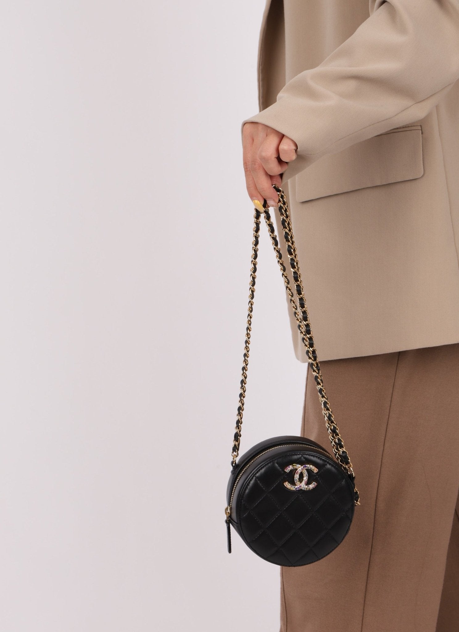 Chanel 2020 Lambskin Crystal Round Clutch on Chain - FashioNica